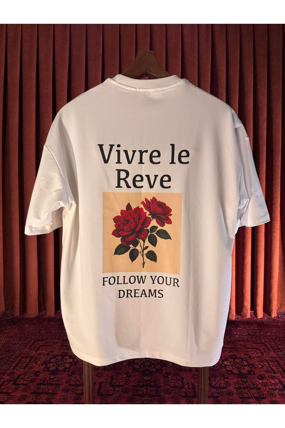 KOUROSHIA Unisex Vivre Le Reve Bisiklet Yaka Oversize T-Shirt