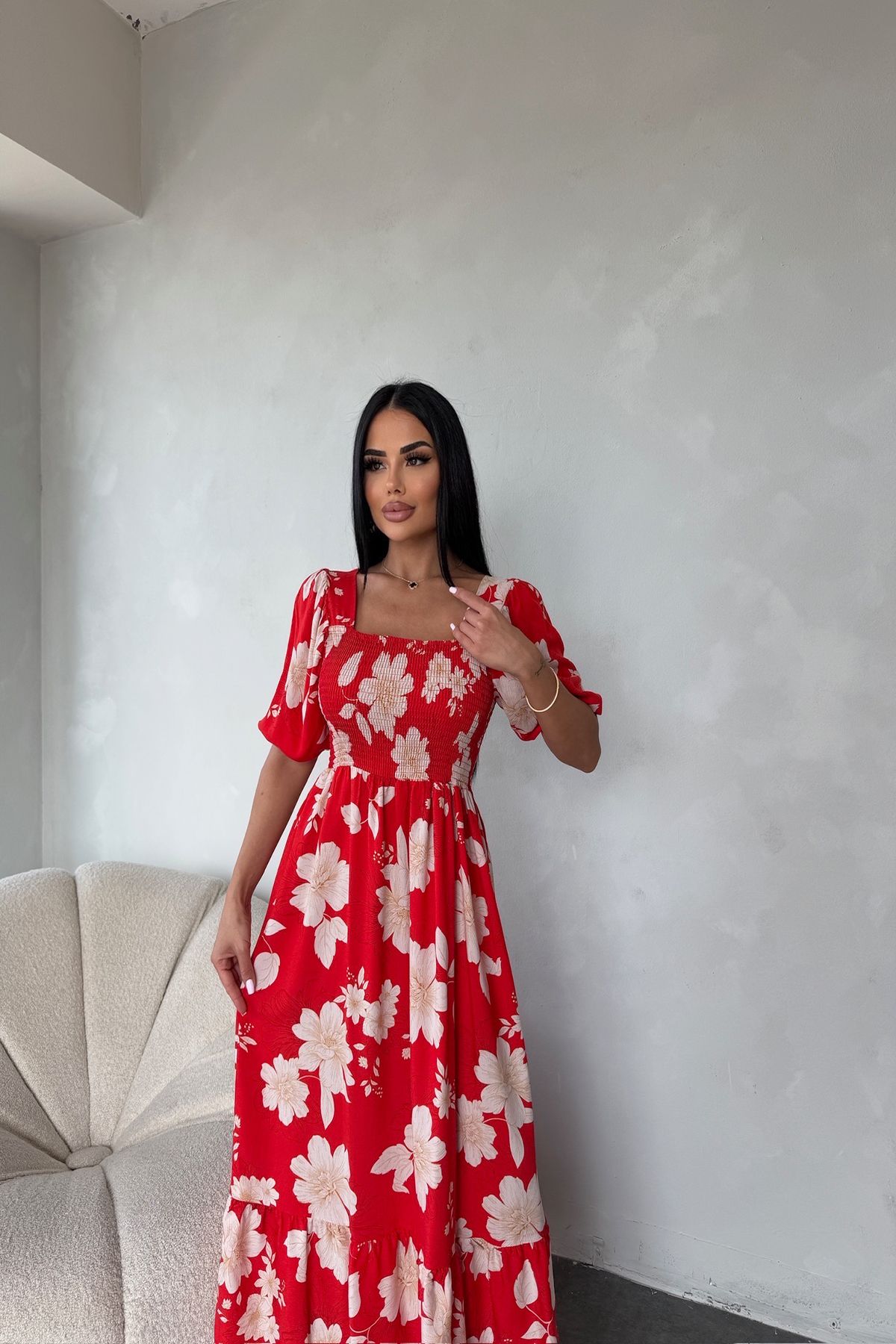 LİLA İSTANBUL Kare yaka Karpuz Kol Viskon Kumaş Çiçek Desenli Yazlık Elbise (Standart Beden S/M/L/XL Uyumlu)