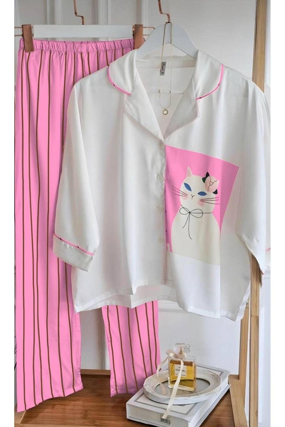 SATTENS Sevimli Kedi baskılı ipeksi kadın Saten Pijama Takımı