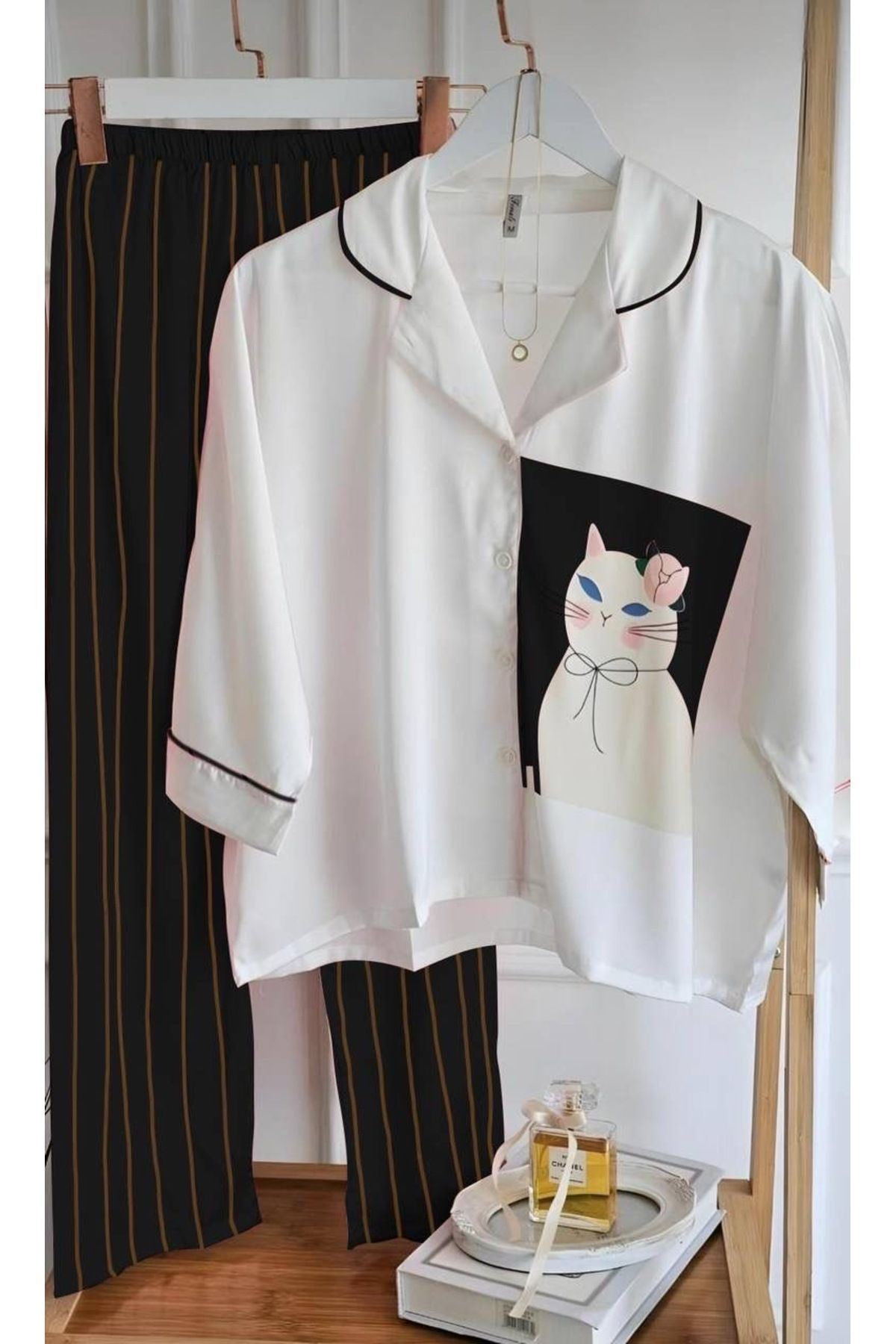 SATTENS Sevimli Kedi baskılı ipeksi kadın Saten Pijama Takımı