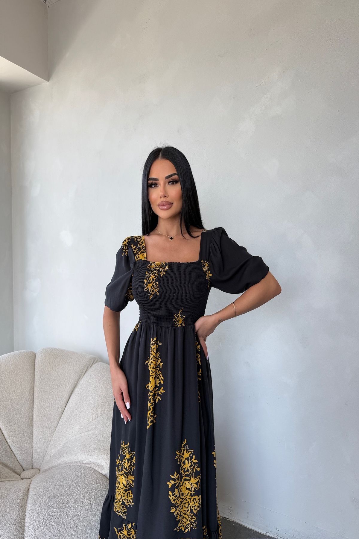 LİLA İSTANBUL Kare yaka Karpuz Kol Viskon Kumaş Etnik Desenli Yazlık Elbise (Standart Beden S/M/L/XL Uyumlu)