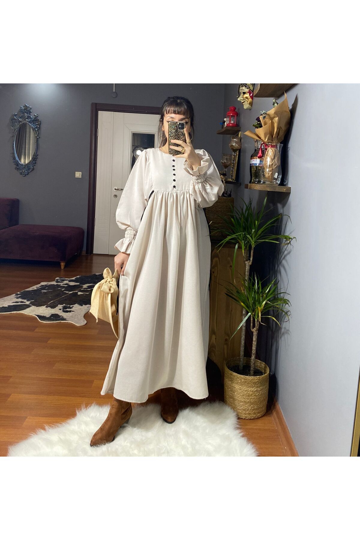 MODAGK Ham Keten Tasarım Vintage Elbise