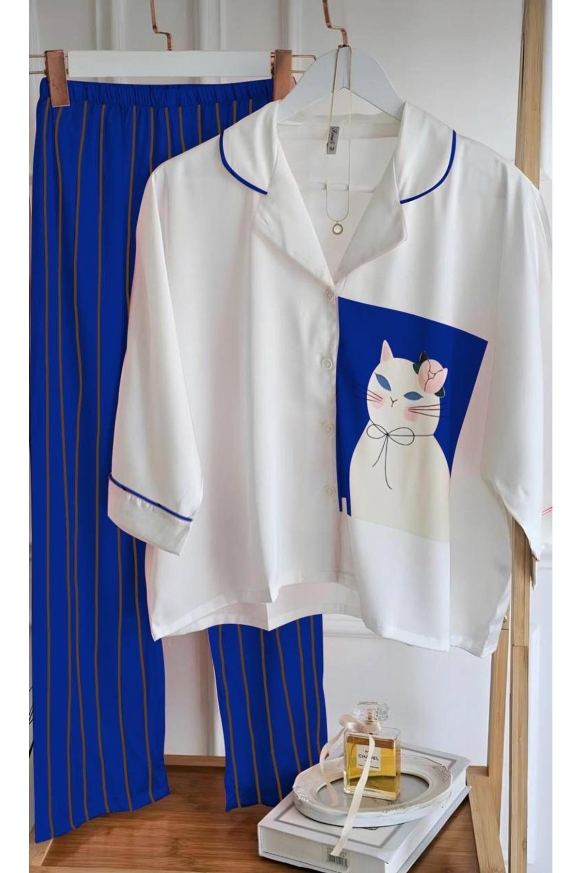 SATTENS Sevimli Kedi baskılı ipeksi kadın Saten Pijama Takımı