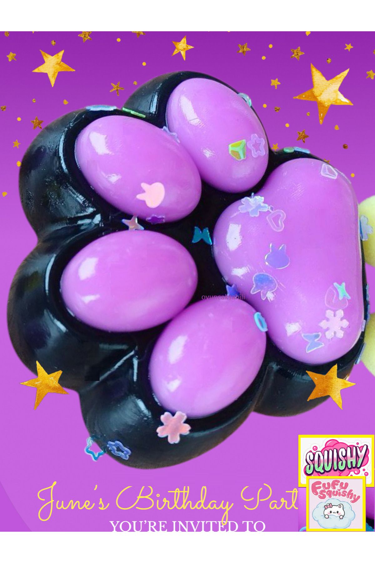 OYUNCAKSAHİLİ Fufu Squishy Kedi Patisi Simli Yıldız Boncuk Set Lila Sukuşi Oyuncak Pati Esnek Skuşi 38cm