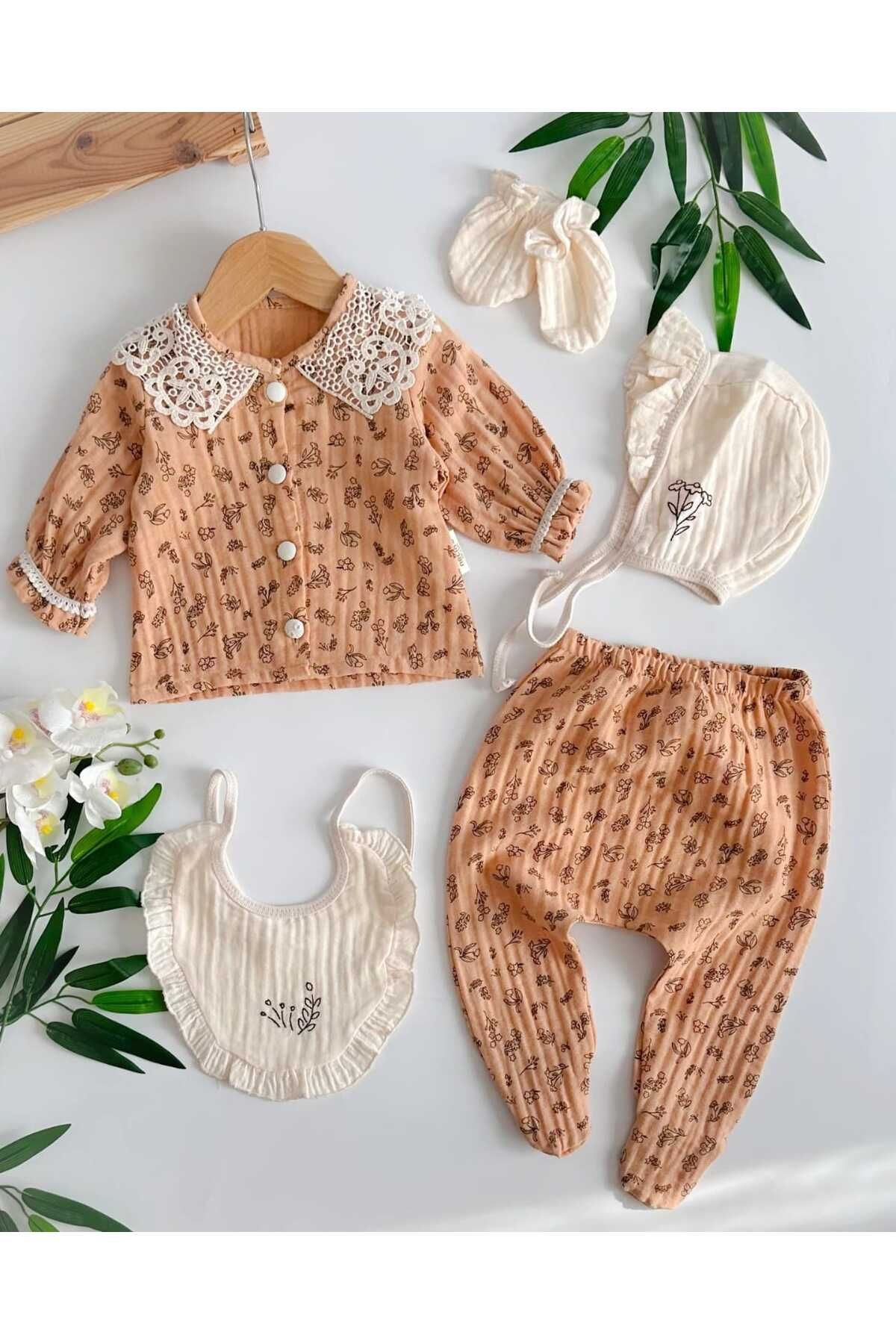 Lino Baby Yeni Doğan Kız Bebek Müslin 5 li Set Hastane Çıkışı