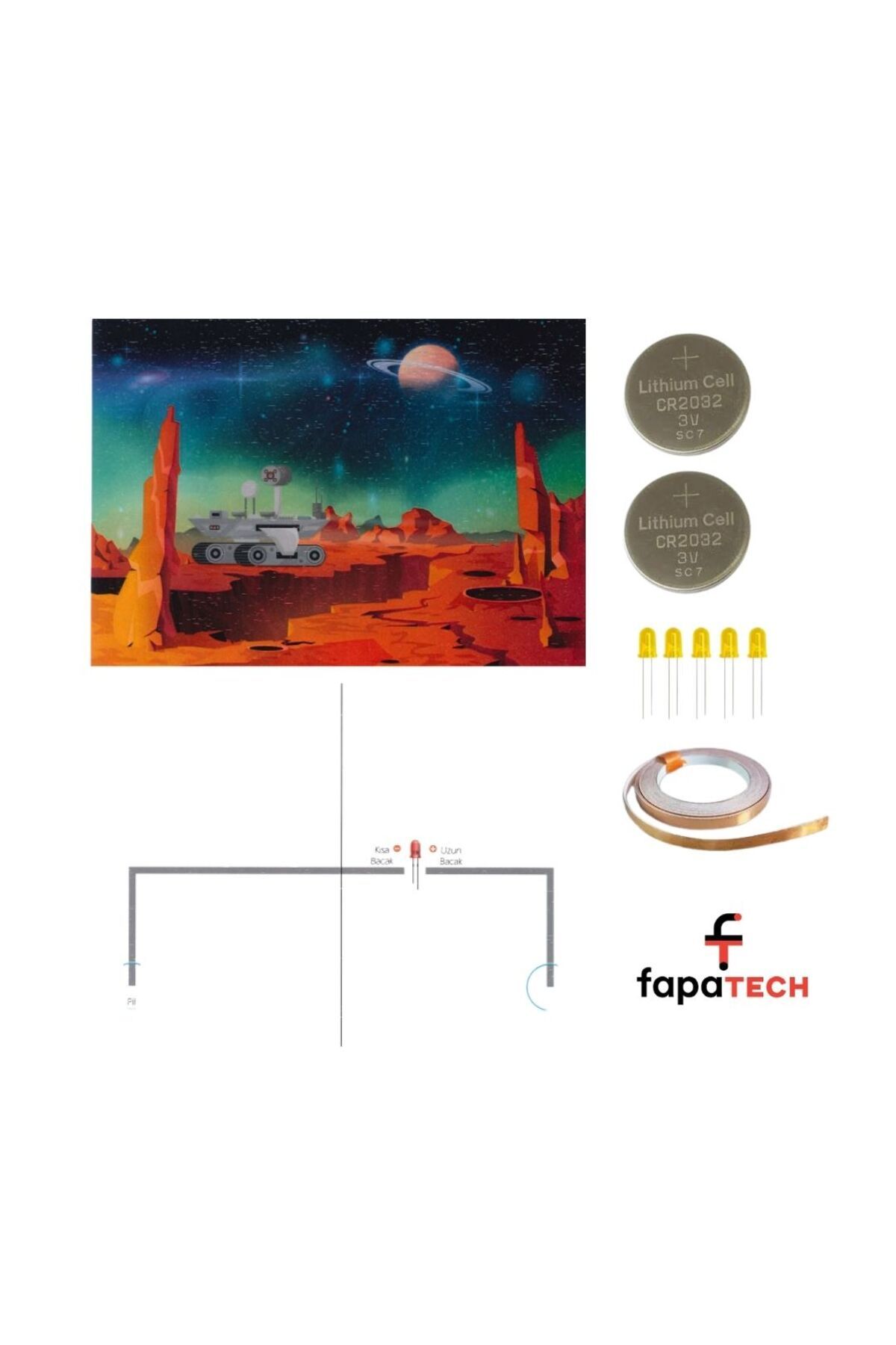 Fapatech Gezegenler Mars Fen Bilimleri Deneyi - Bakır Folyo İletken Bant 5mm LED,CR2032 Pil Kağıt Devre Kit