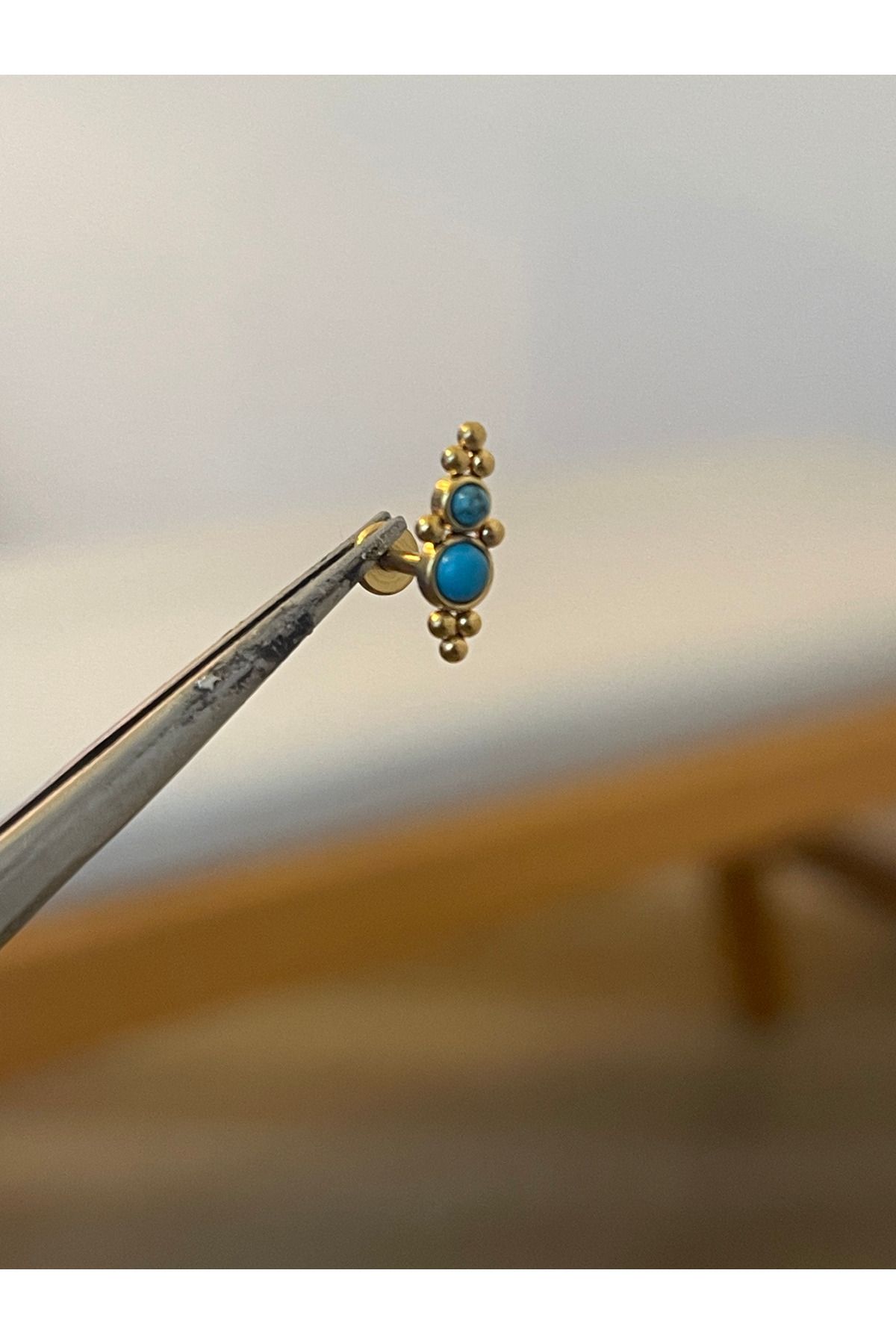 Rupen Kraft 316 L Cerrahi Çelik Turkuaz Mavi Taşlı Altın Tragus Helix Kıkırdak Dudak Piercingi