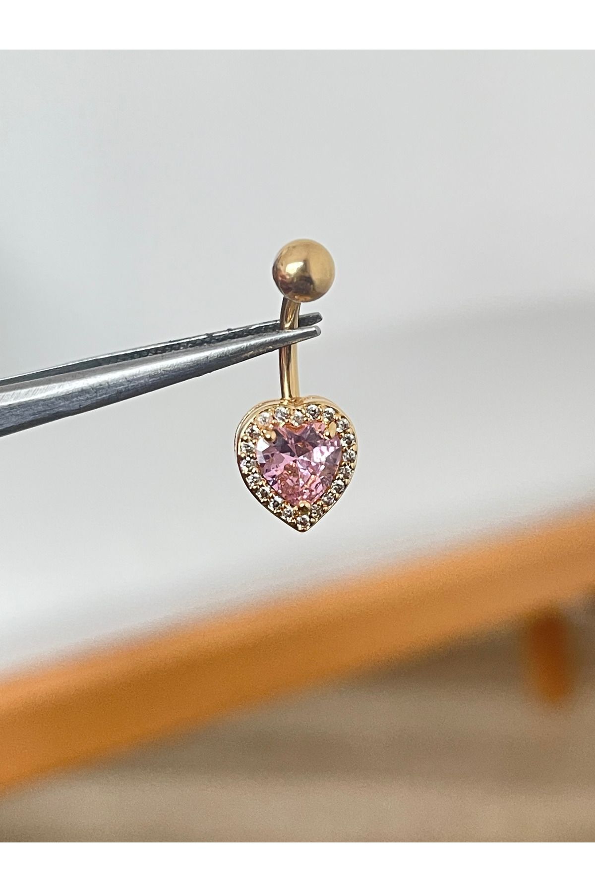 Rupen Kraft 316 L Cerrahi Çelik Zirkon Taşlı Pembe Kalpli Göbek Piercingi