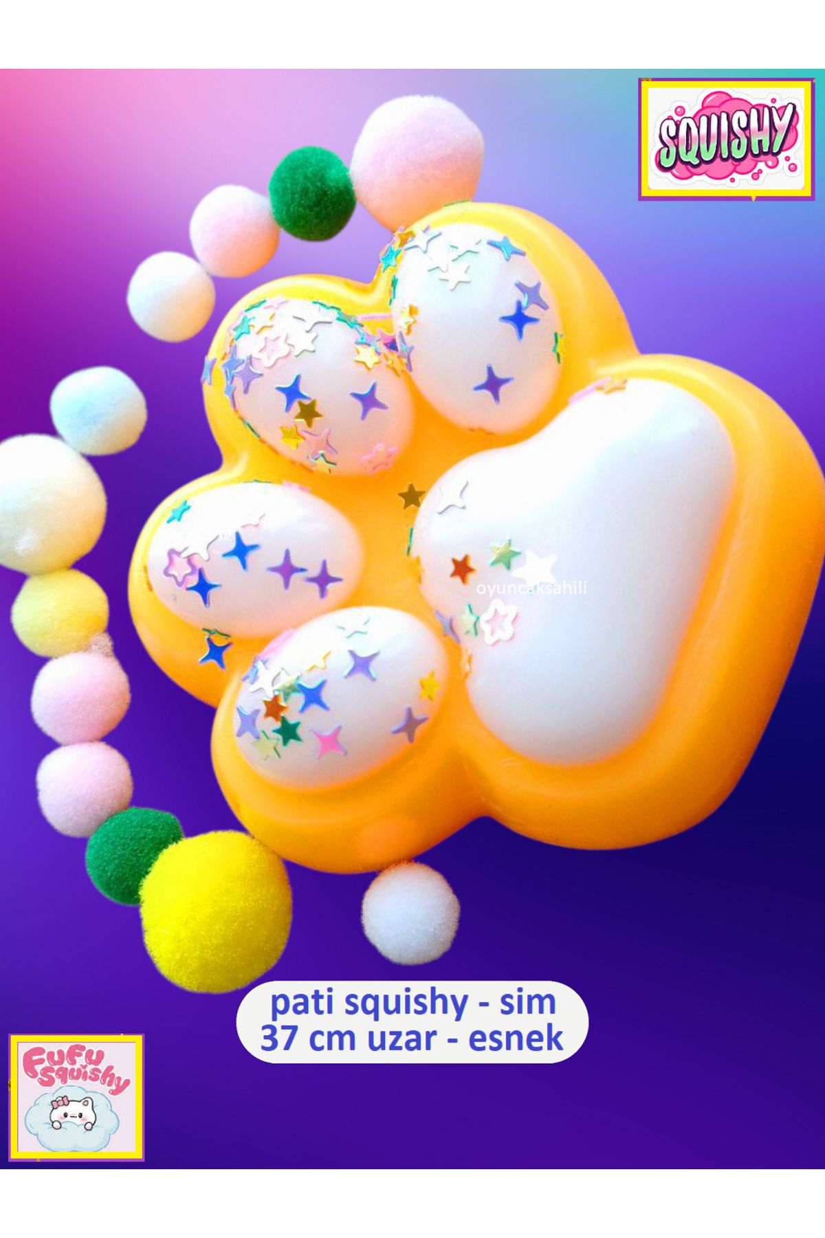 OYUNCAKSAHİLİ Fufu Squishy Kedi Patisi Simli Star Boncuk Set Turuncu Sukuşi Oyuncak Pati Esnek 37cm Uzat