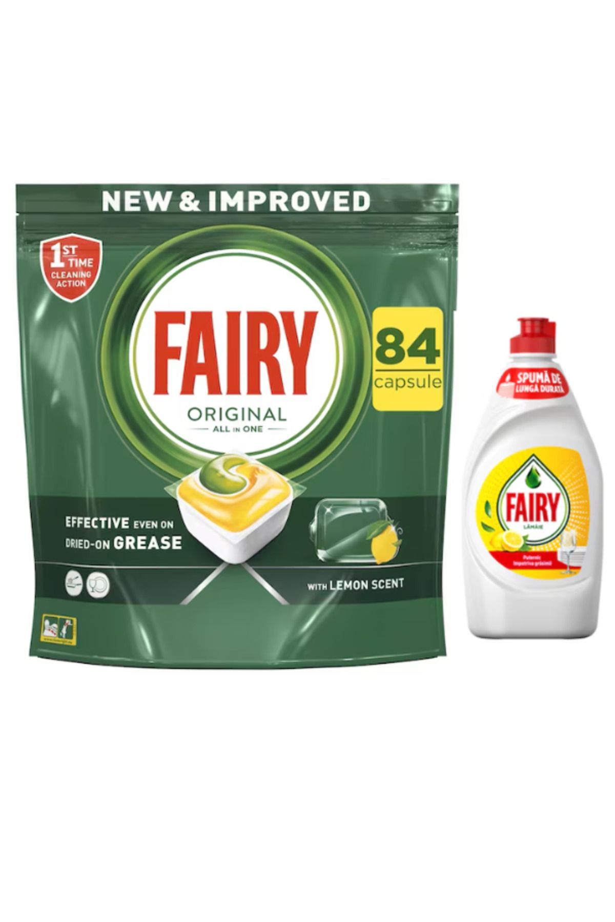 Fairy Detergent Masina De Spalat Vase Fairy All In One, 84 Spalari + Detergent De Vase Fairy Lemon, 450 Ml - One Size