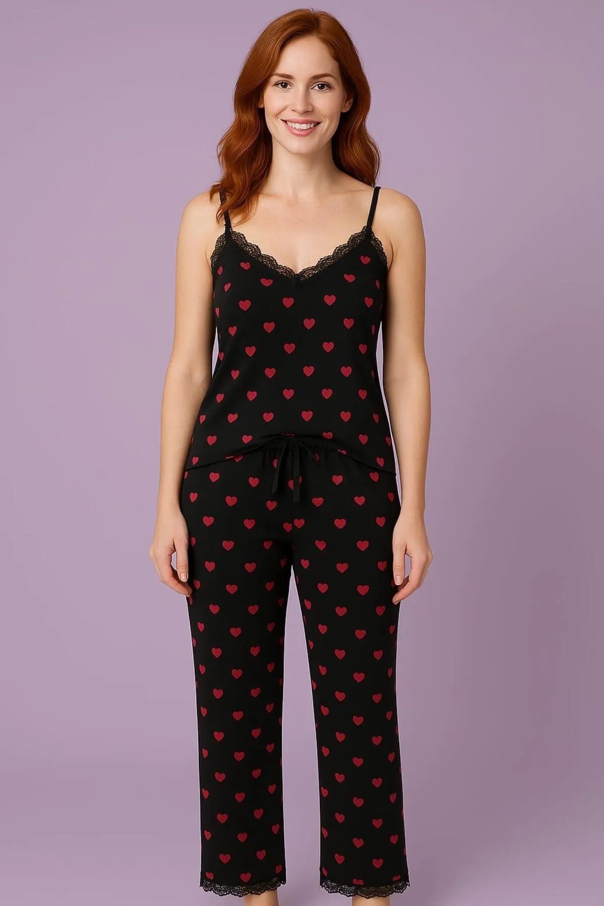 KYE WEAR Yazlık Kadın Dantelli Modal Pijama Takımı - Askılı & Kalp Desenli