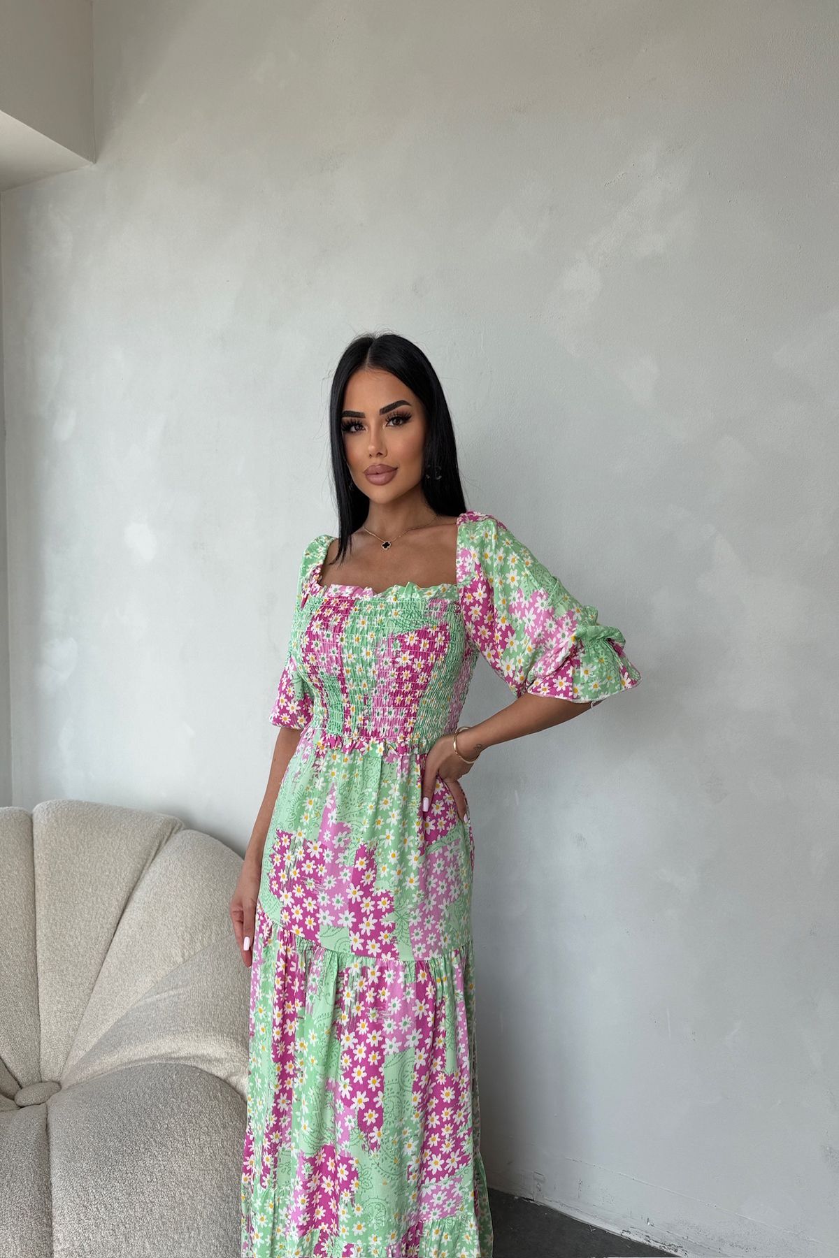 LİLA İSTANBUL Kare yaka Karpuz Kol Viskon Kumaş Çiçek Desenli Yazlık Elbise (Standart Beden S/M/L/XL Uyumlu)