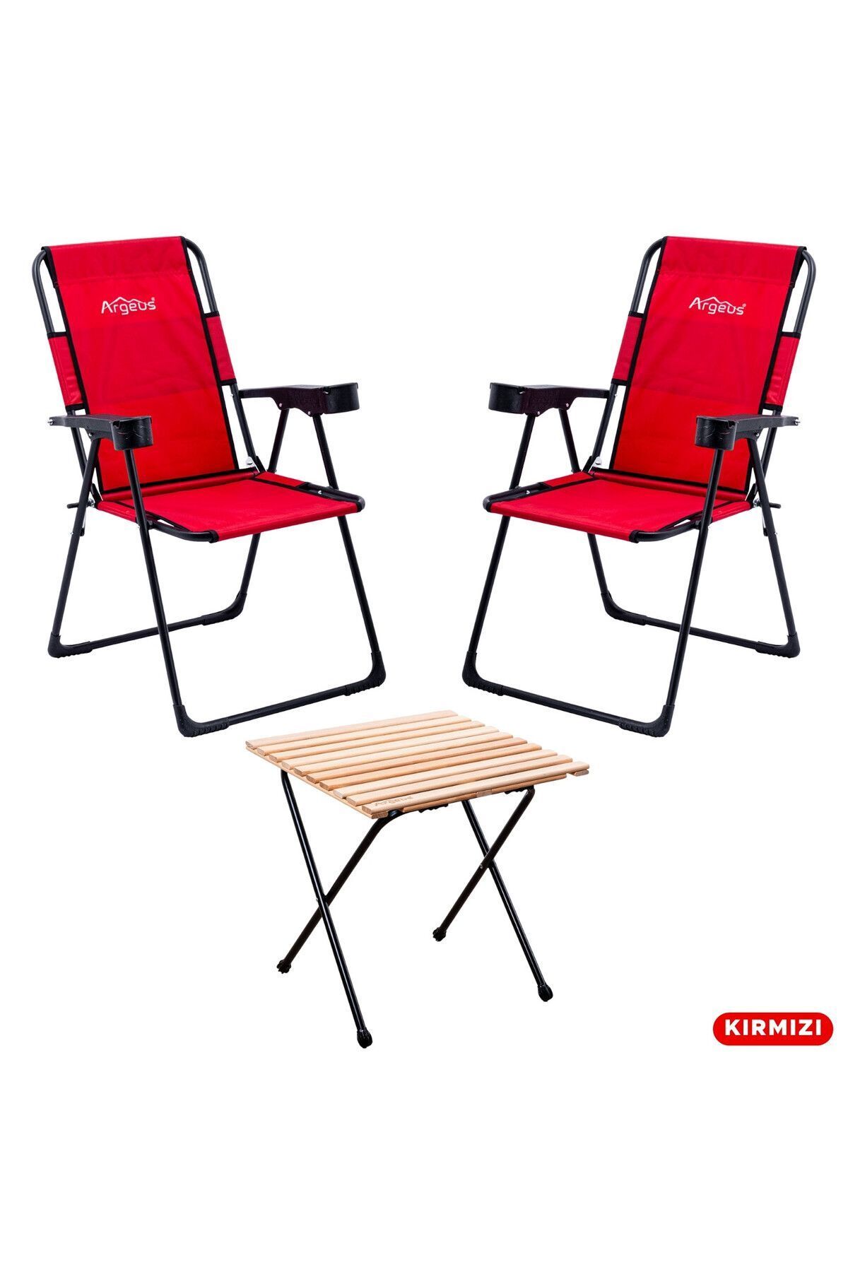 ARGEUS 2 Adet Katlanır Kamp Sandalyesi Bardaklıklı Piknik Sandalyesi - 130KG Taşıma - Argeus - Ahşap Masa