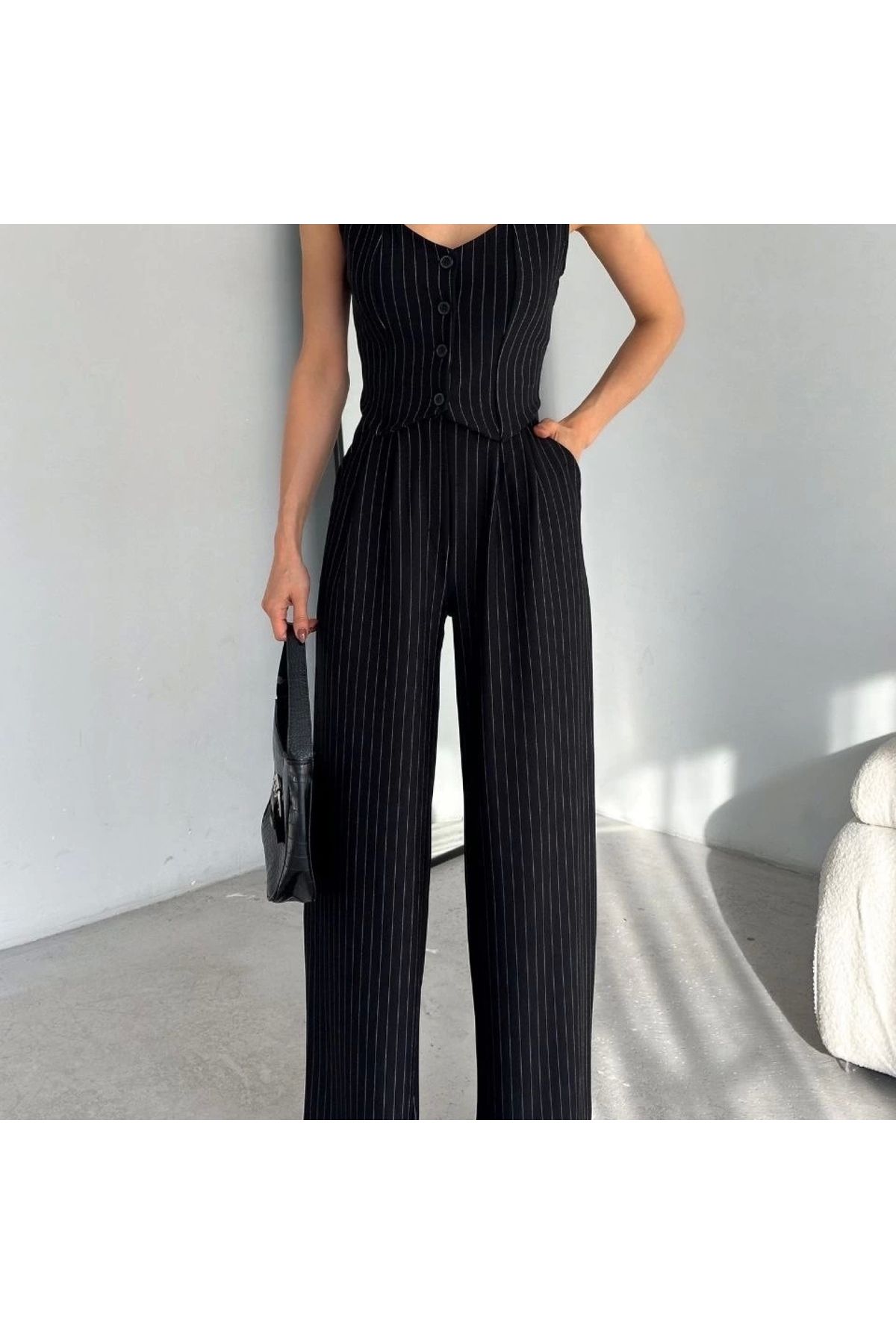 BYB MODA TASARIM Çizgili palazzo pantolonlu yelek takım s3395