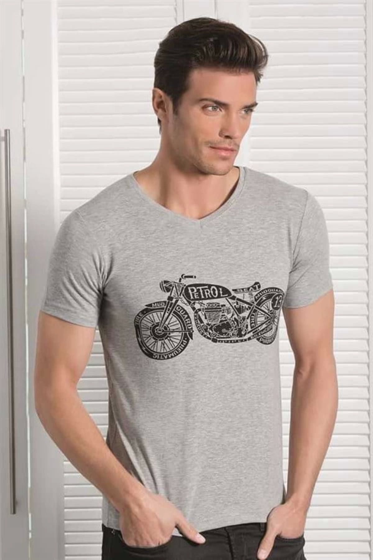 Moda Şahsenem Berrak Motosiklet Baskılı Erkek T-shirt 1049