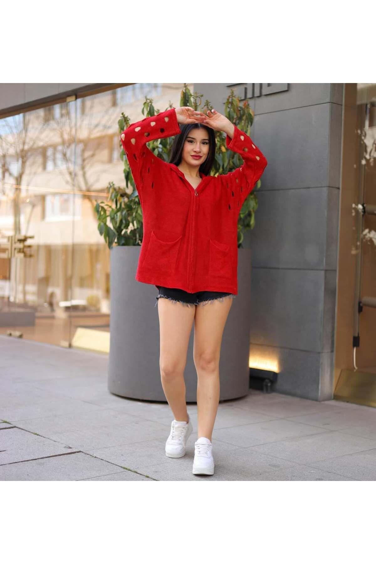 Schs Etnik bohem ve otantik tarz ajurlu kol kapşonlu % 90 pamuk standart beden sweat shirt