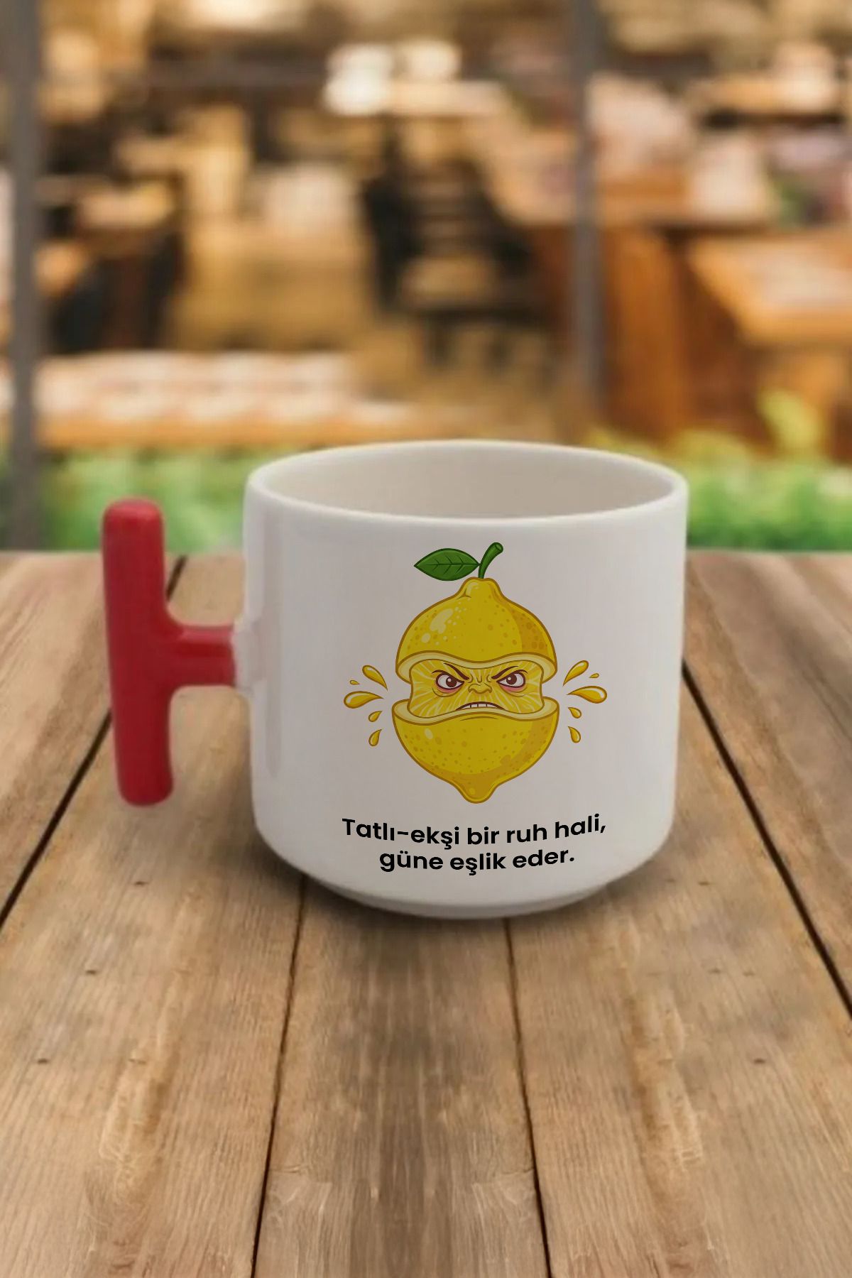 DozNest "Tatlı-ekşi bir ruh hali, güne eşlik eder." Yazılı Kırmızı Kulplu Kupa Bardak DZB28
