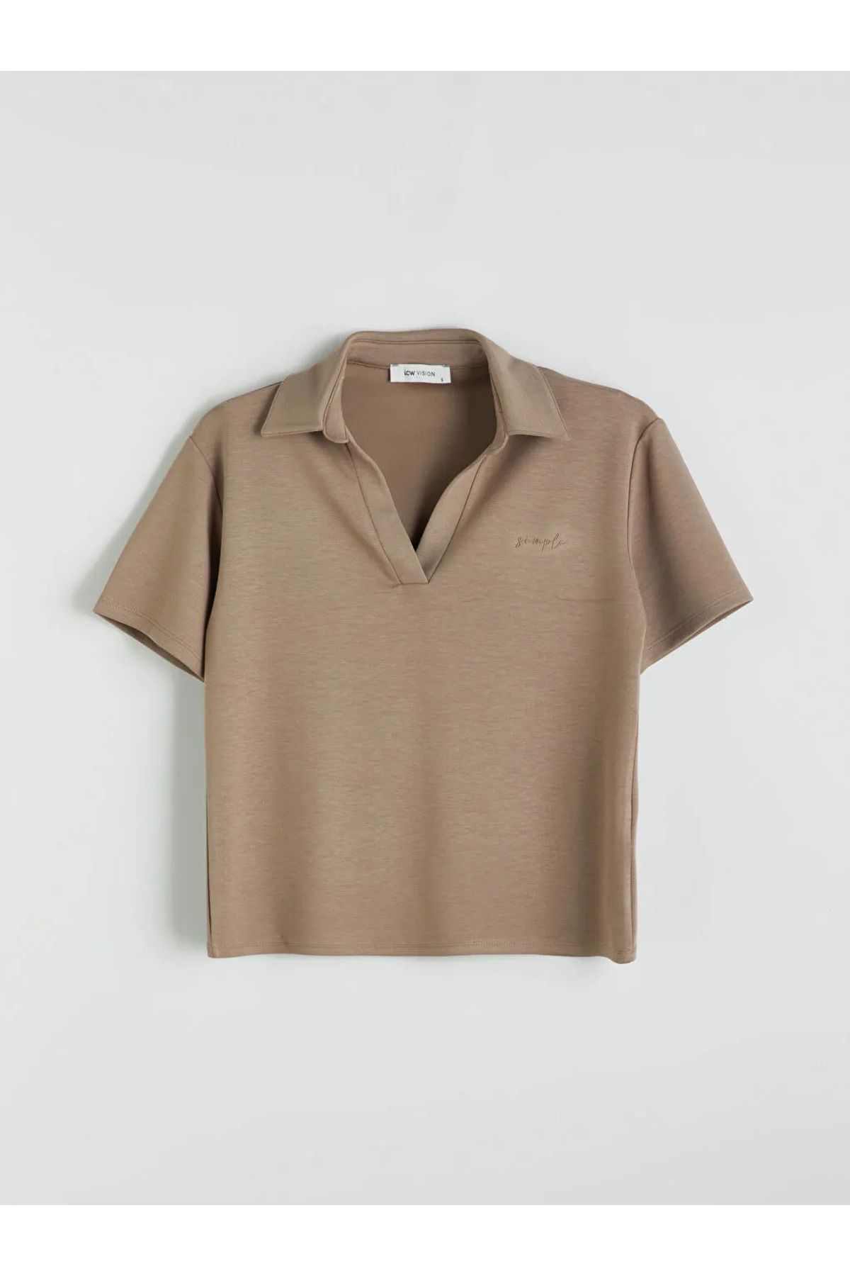 LC Waikiki LCW Vision Kahverengi Polo Yaka Nakışlı Kadın Tişört