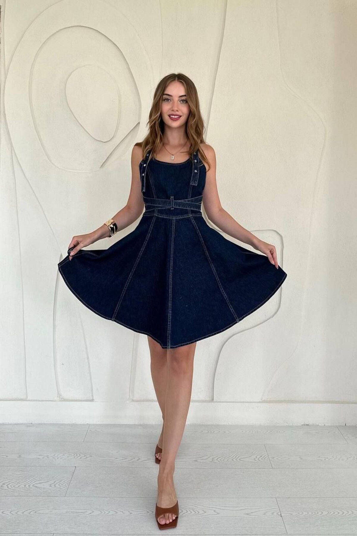 369 etnik butik Askılı Kemerli Denim Mini Elbise (Kot Elbise)