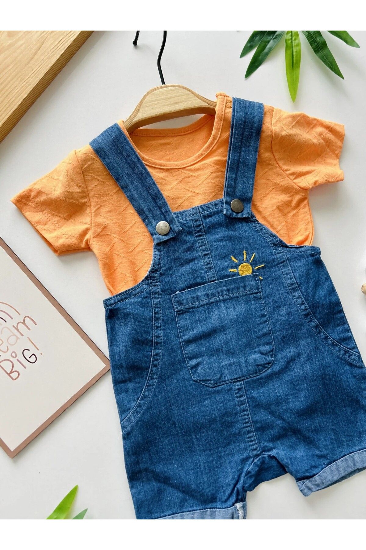 Lino Baby Yazlık İnce Kot Bebek Salopet Tulum Omuzdan Çıtçıtlı Kısa Kollu Tişört Güneş Nakışlı 6-24 Ay Bebek