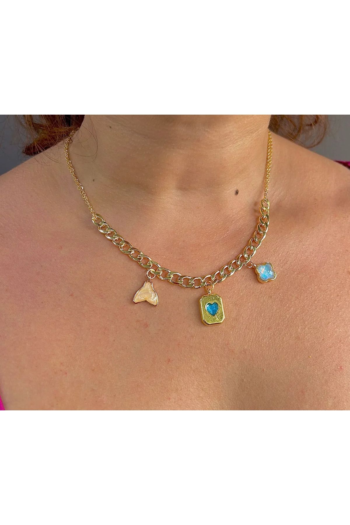 DHDmoda Kadın Mavi Kalp Charm Gold Kolye