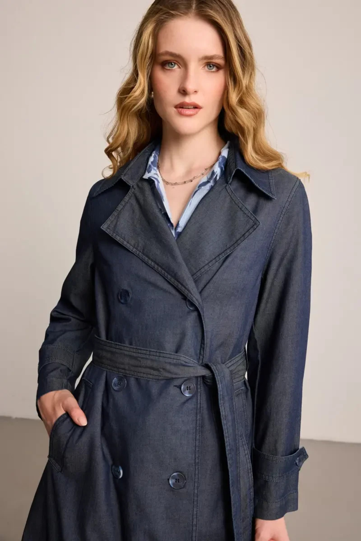 Gusto Denim Trençkot - Mavi görsel 6