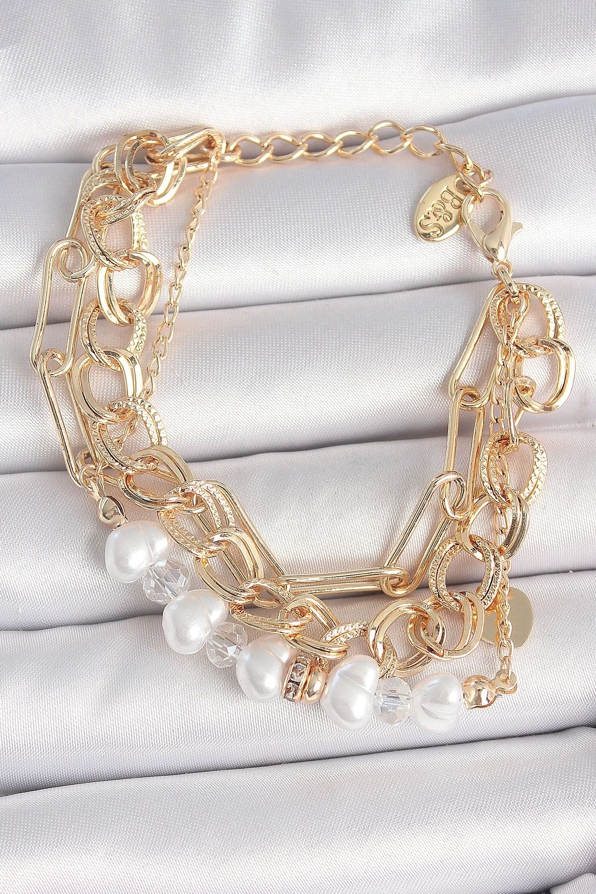 STOREMAX Pirinç Gold Renk Çoklu Zincir Model İncilli Zirkon Taş Detay Kadın Bileklik - TJ-BB6960