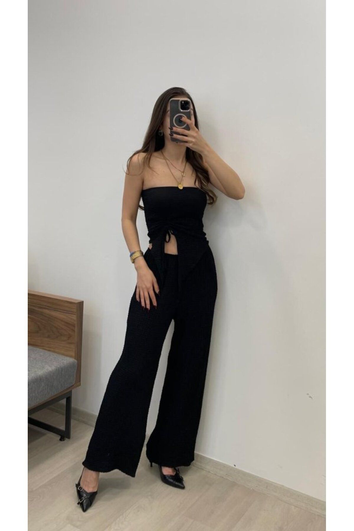 velmorafashion Kadın Sendy Kumaş Bağcık Detaylı Asimetrik Takım