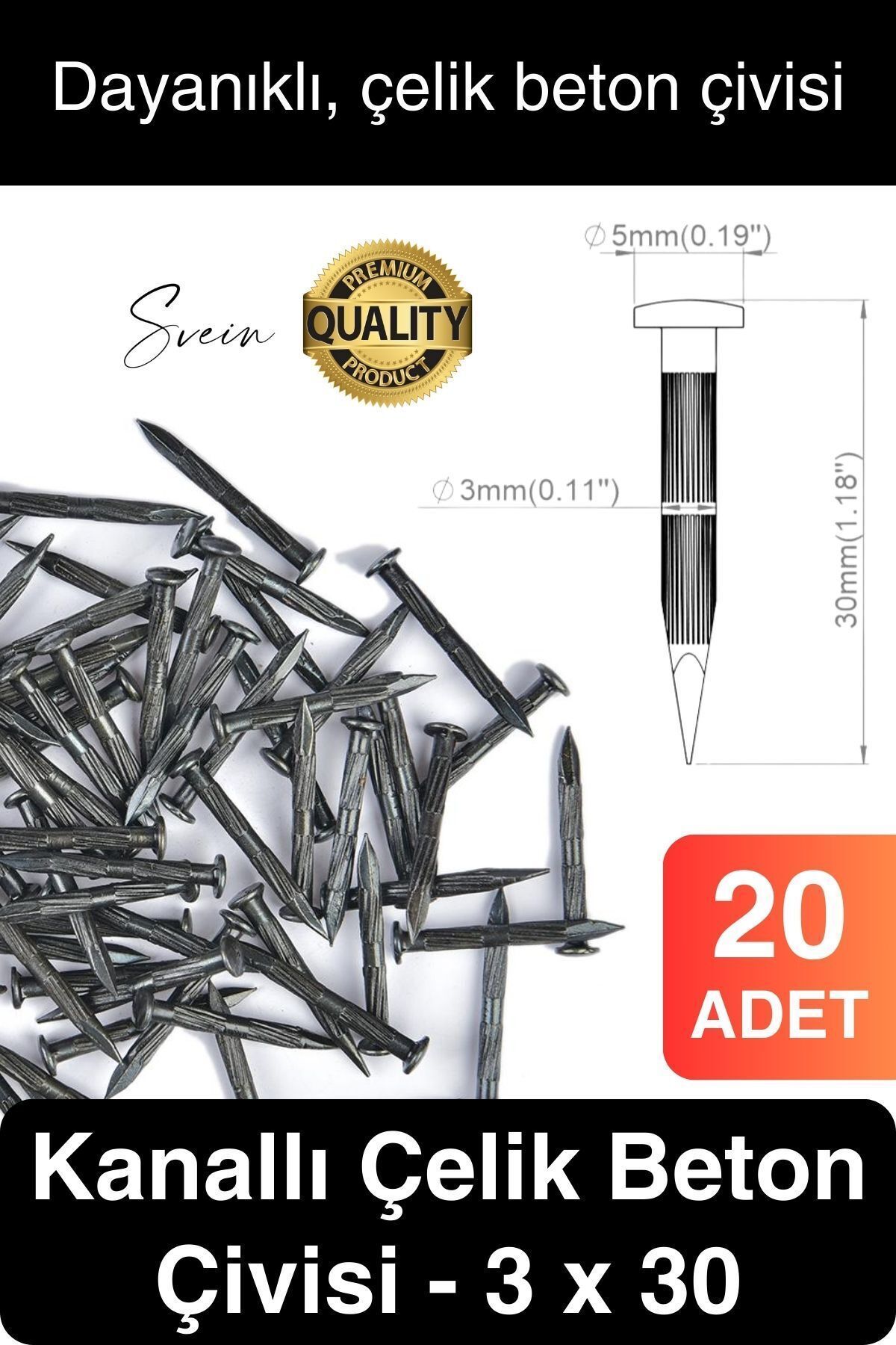 Svein 20 Adet 3x30 Kanallı Çelik Beton Çivisi 3 cm Duvar Saat Ayna Resim Tablo Asmak Ahşap Metal Sivri