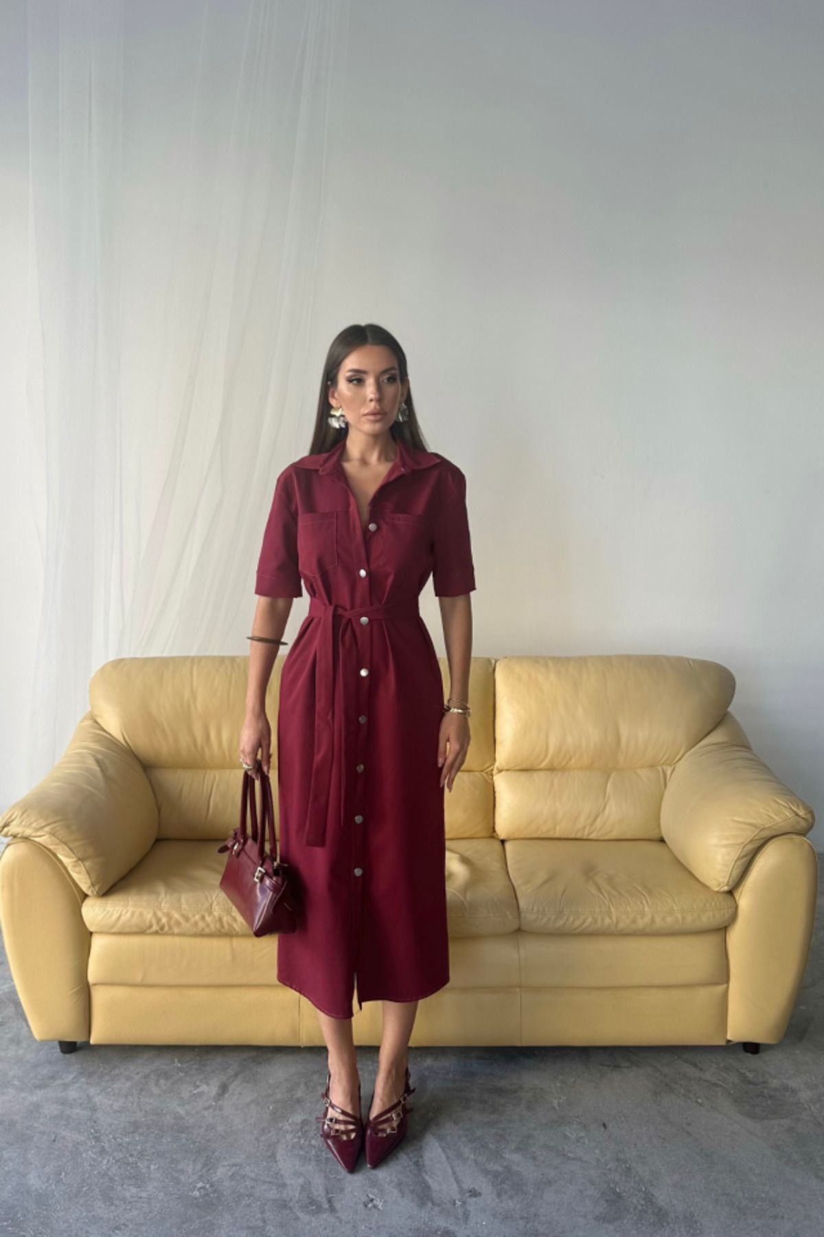 pazarella ÖNDEN DÜĞMELİ KISA KOL ELBİSE - Bordo
