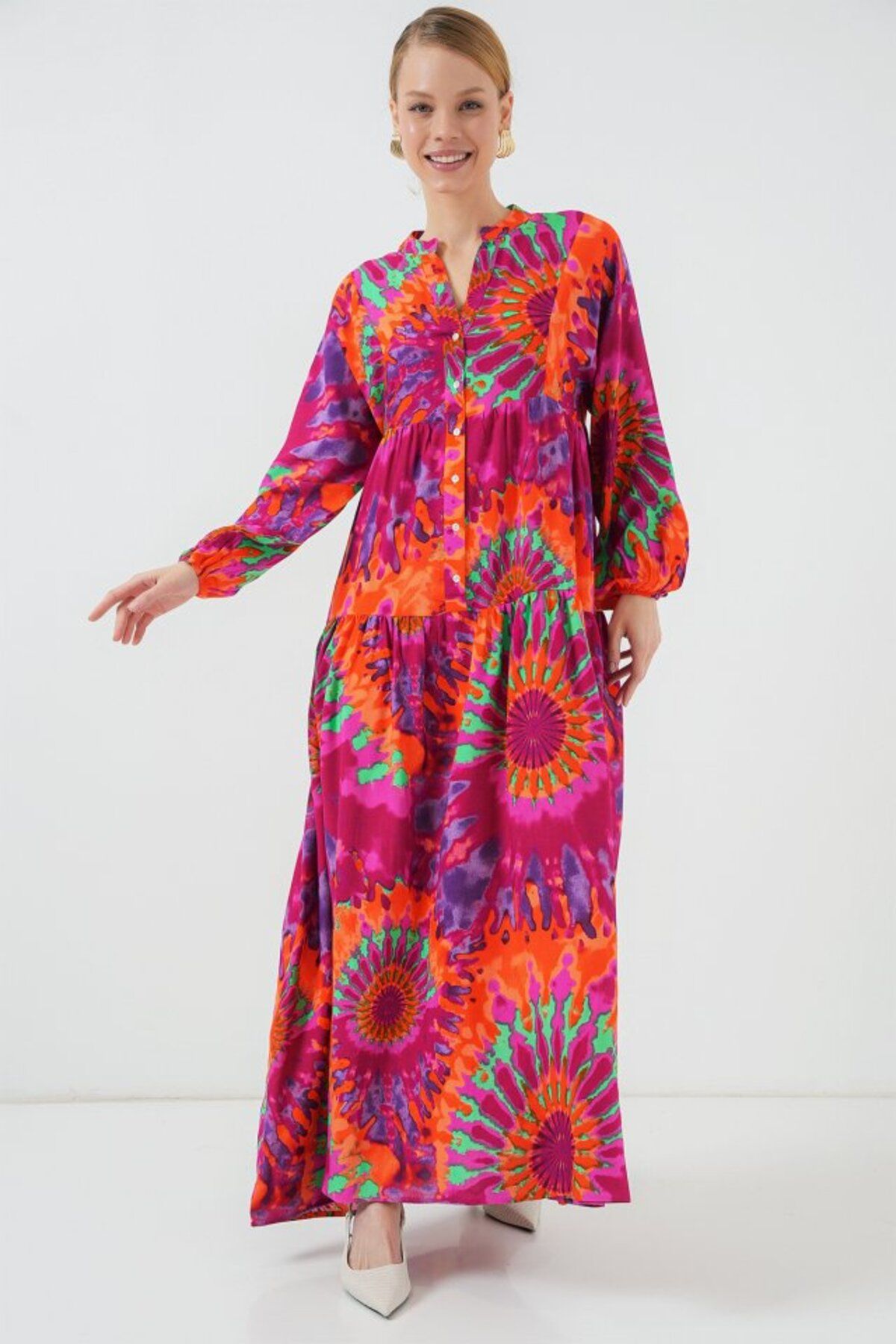 Gökyüzü Moda 2423 Otantik Desenli Tesettür Elbise - H. Fuşya