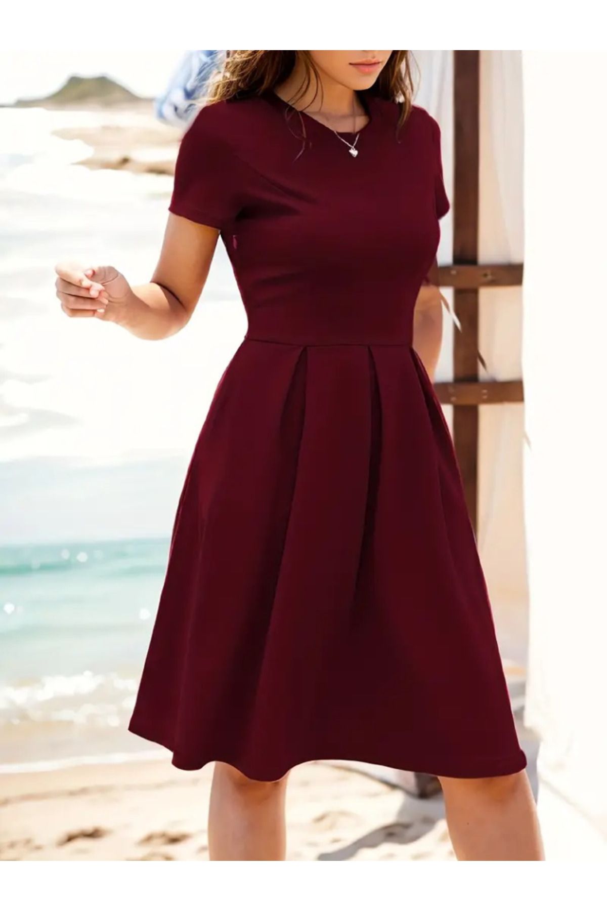 Simala-Women's Short Sleeve Crew Neck Front Pleat Detailed Janjan Crepe Dress 5