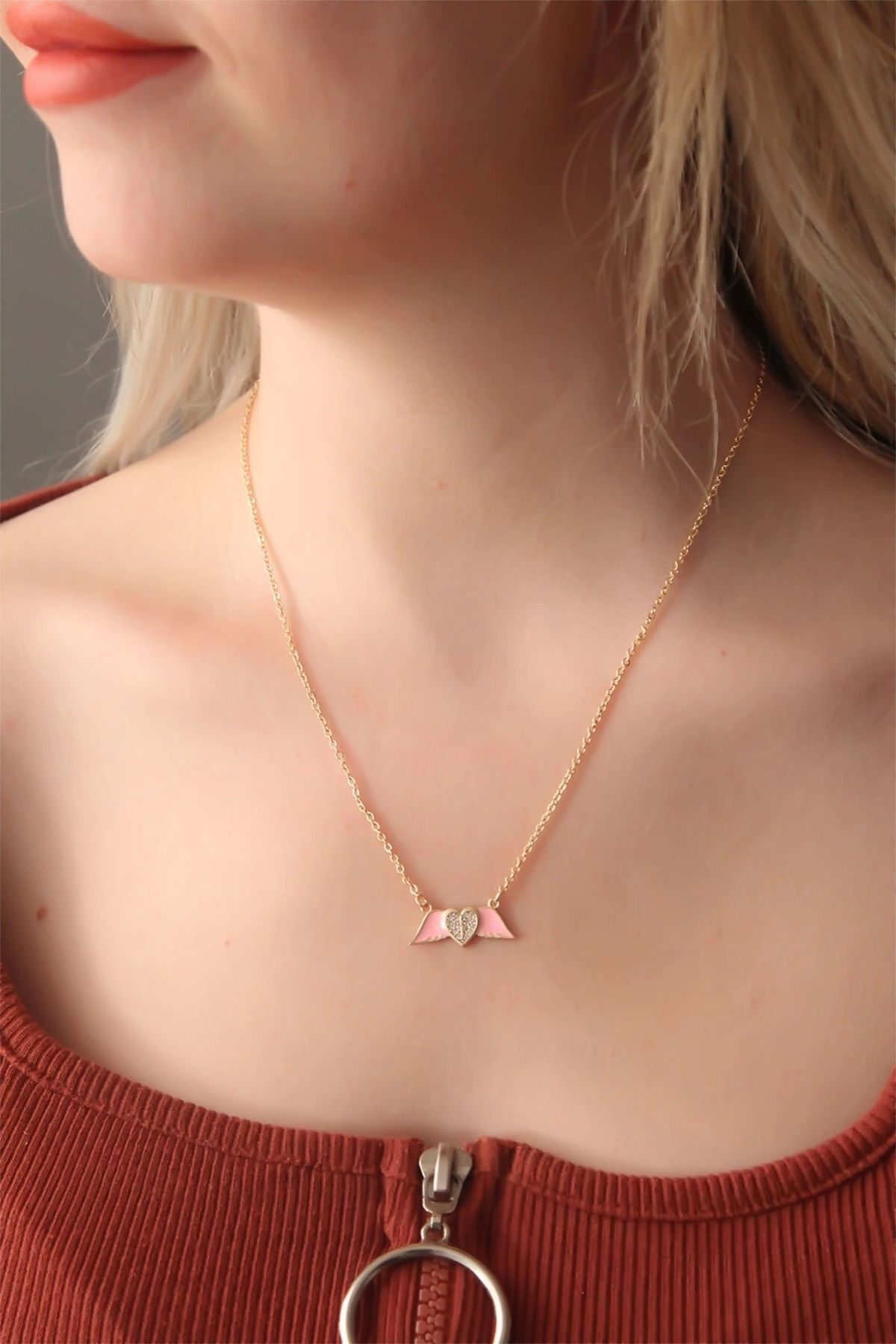 bamido Pembe Mineli Kanat Taşlı Kalp Kolye - Bamido