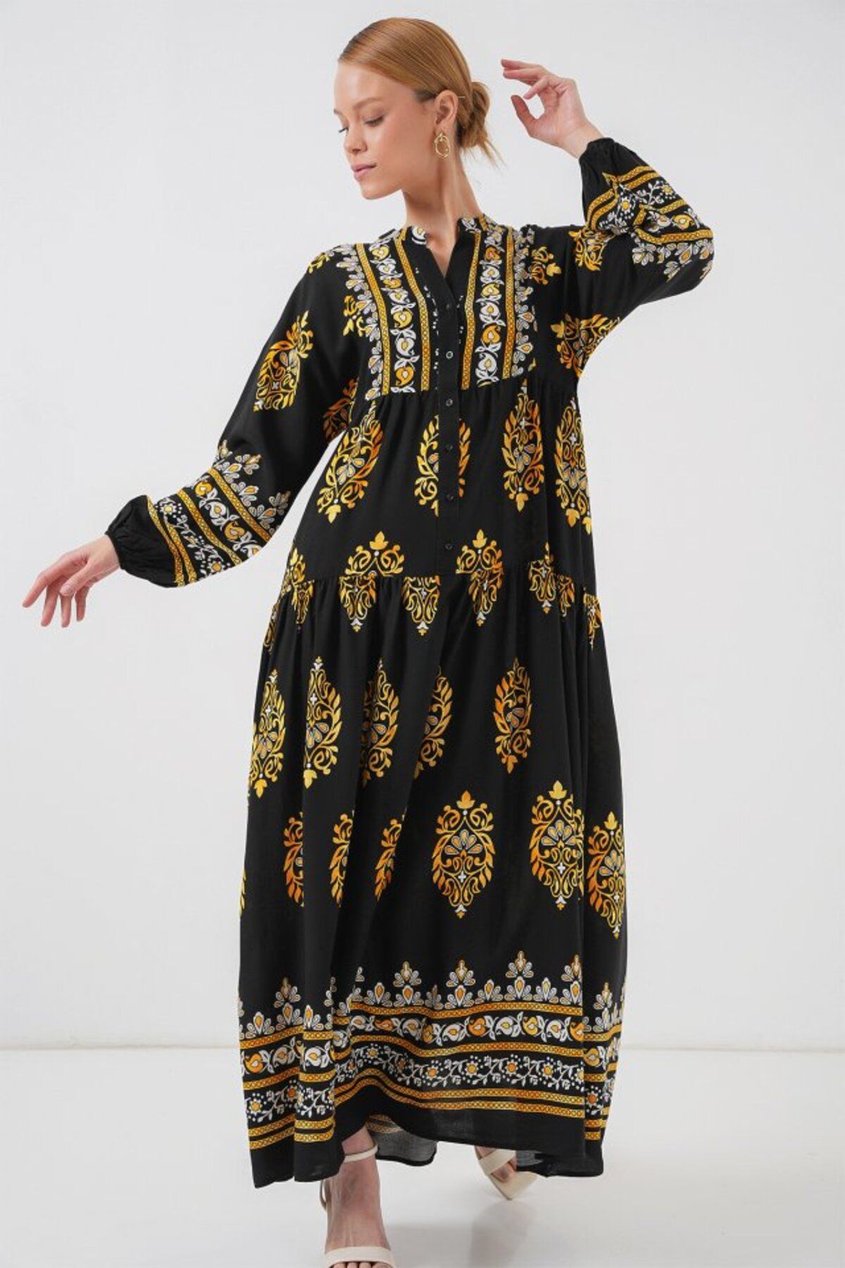 fh fashionhere 2423 Otantik Desenli Tesettür Elbise - Siyah 6