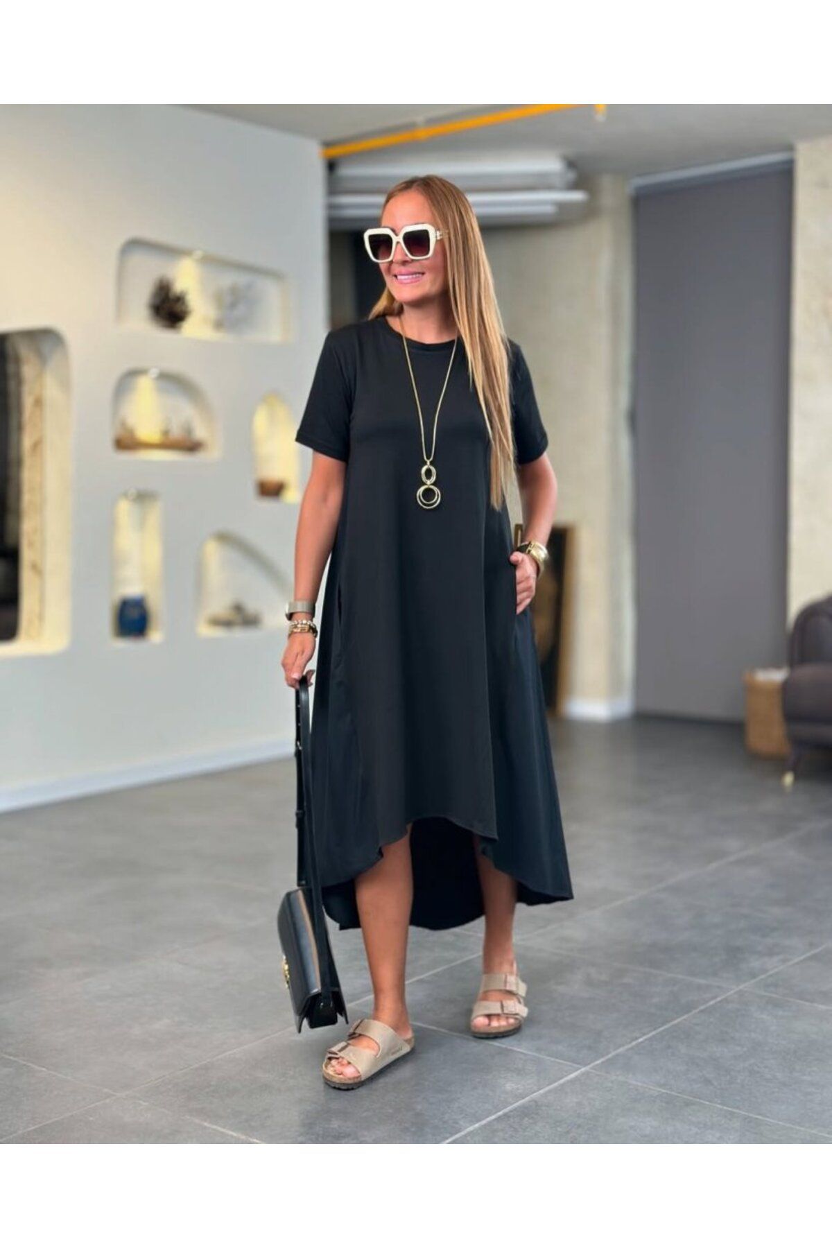 fh fashionhere Kadın Kısa Kollu Bisiklet Yaka Asimetrik Kesim ön Viskon Arkası Trikoton Elbise