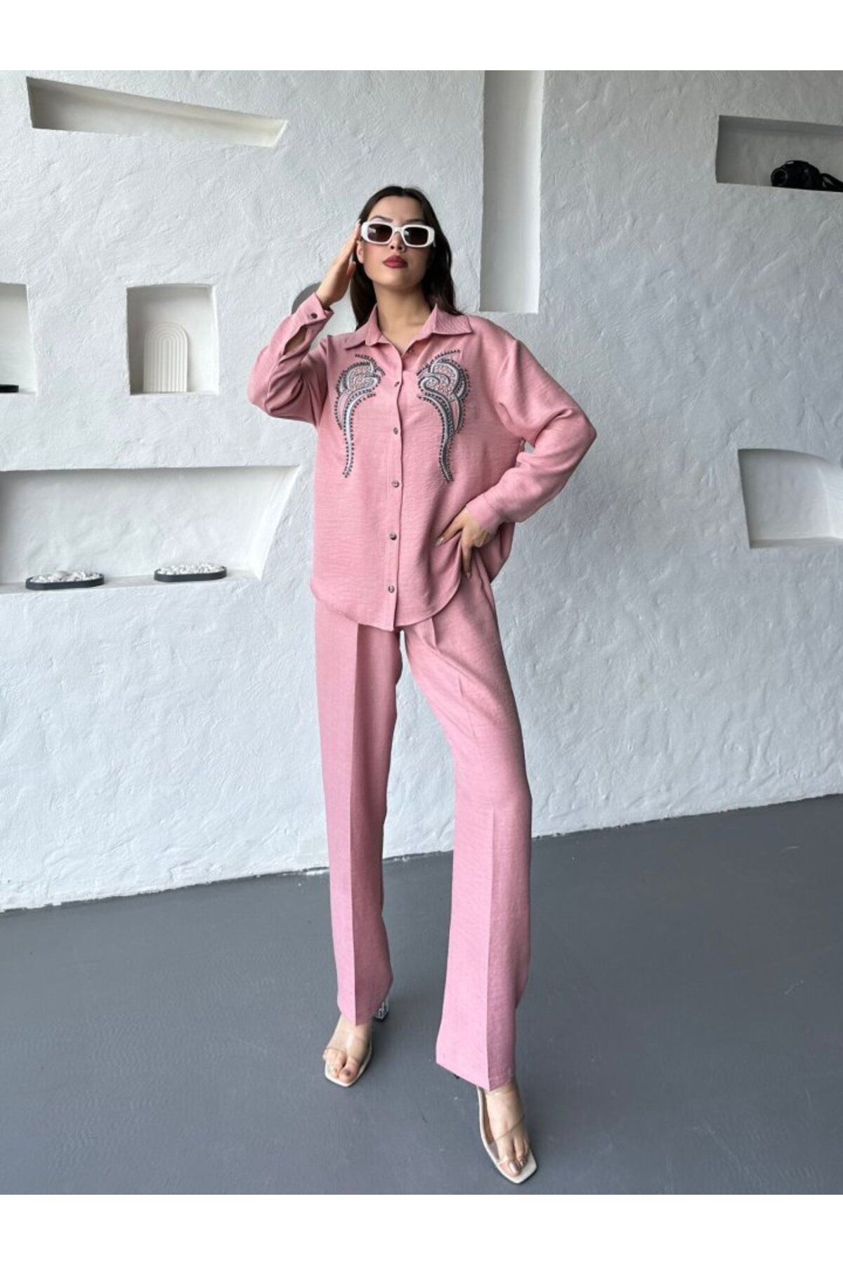 1001moda İşleme Detaylı Gömlek & Pantolon Keten İkili Takım