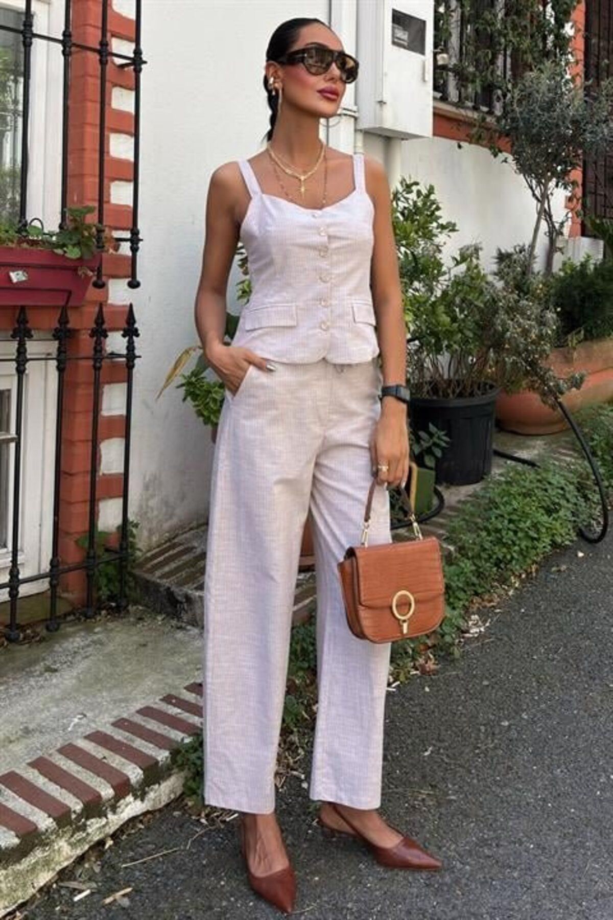 1001moda Kalın Askılı Bluz Pantolon Keten Takım 10187