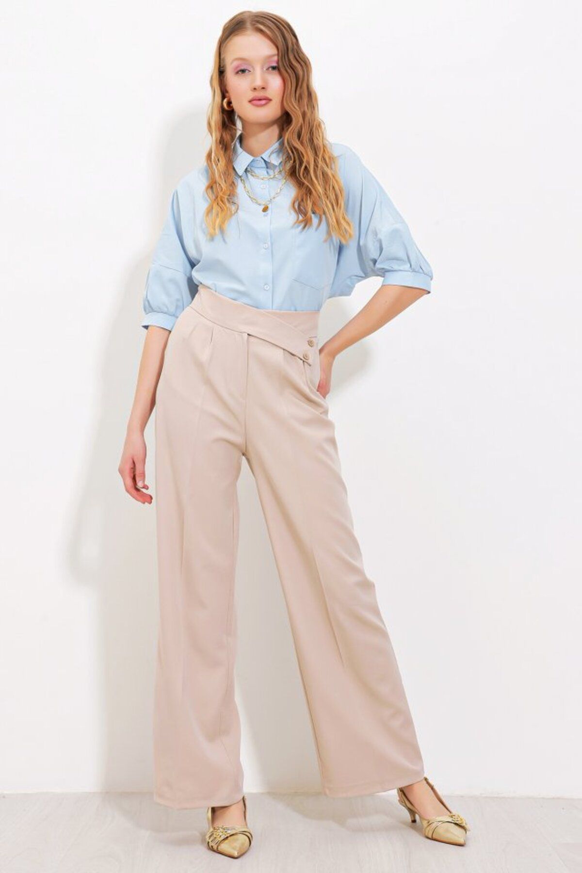 1001moda Bej Yüksek Bel Palazzo Pantolon 6646