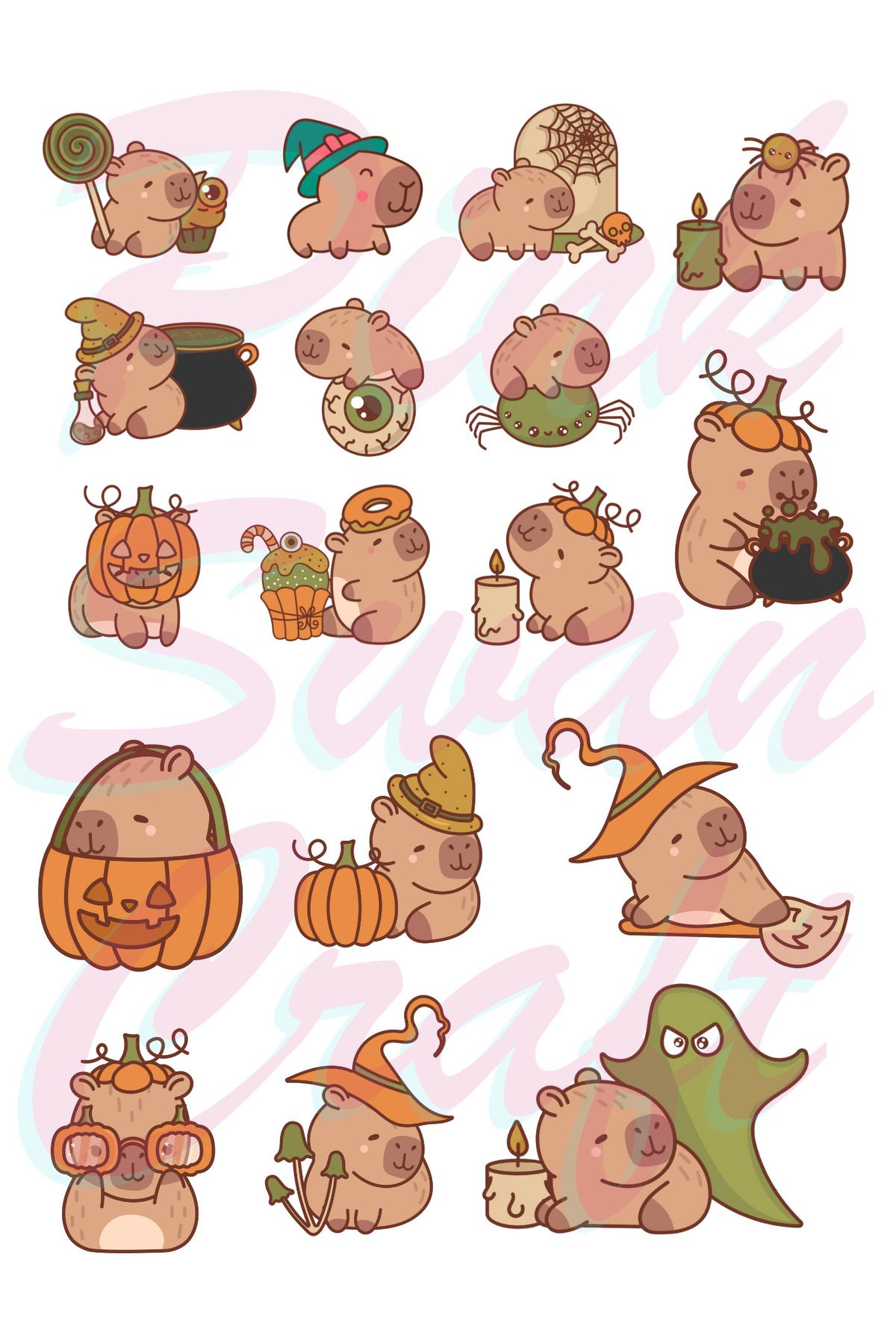Pink Swan Craft Capybara Halloween Etiket Seti, Bullet Journal, Scrapbook, Ajanda, Sticker Seti