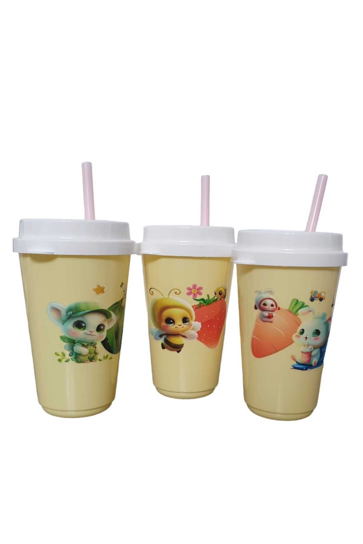 ABYZ Set De 3 Căni Cu Capac Și Pai Pentru Copii, 250 Ml, Culoare Galbenă - One Size