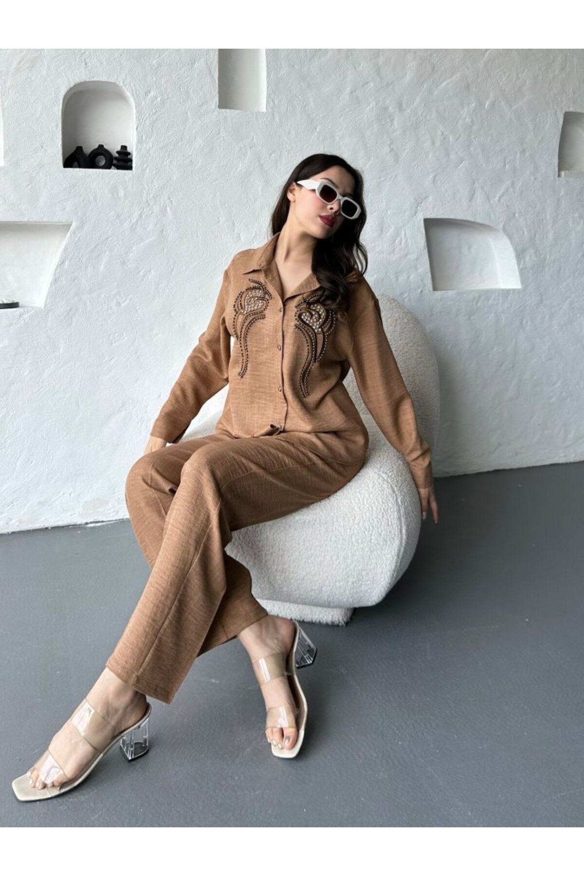 1001moda İşleme Detaylı Gömlek & Pantolon Keten İkili Takım