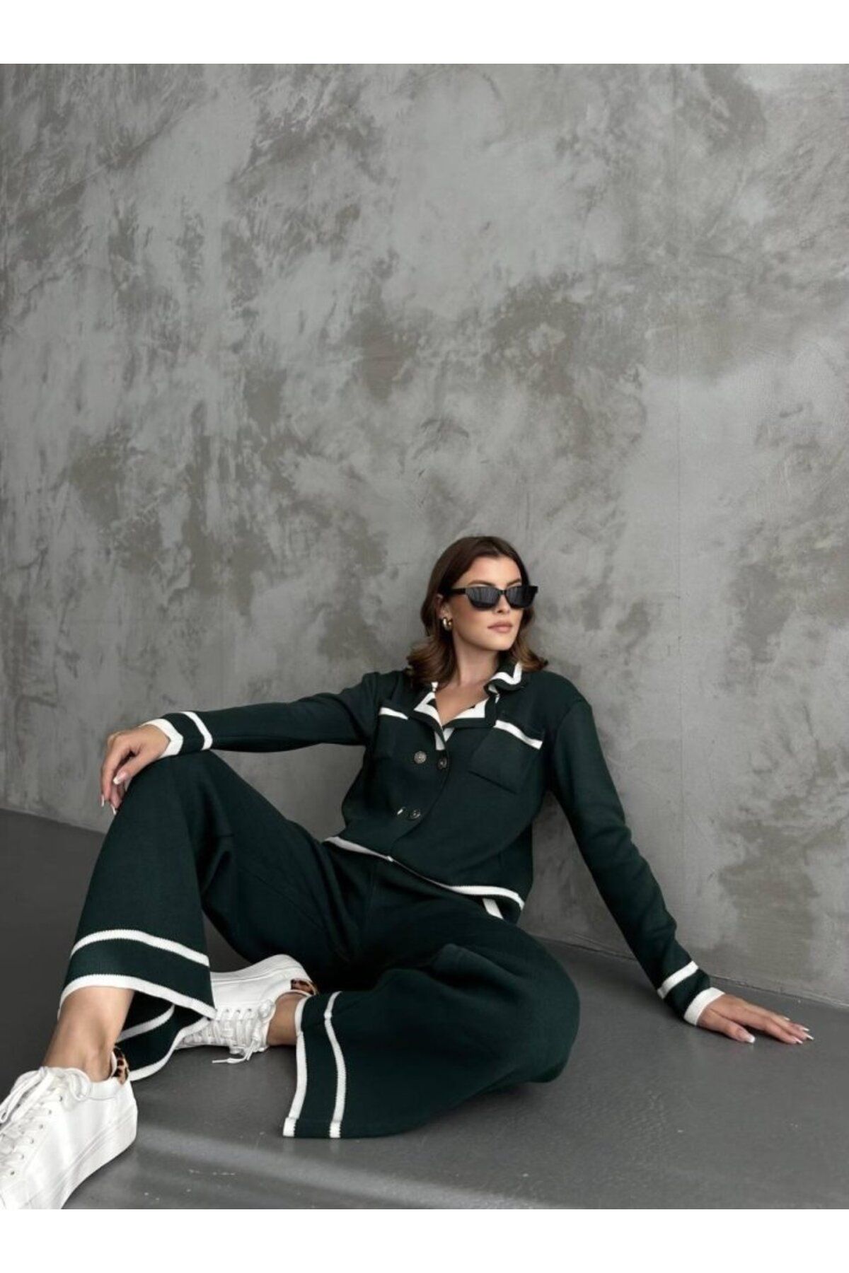 1001moda Şerit Detaylı Hırka Pantolon İkili Takım