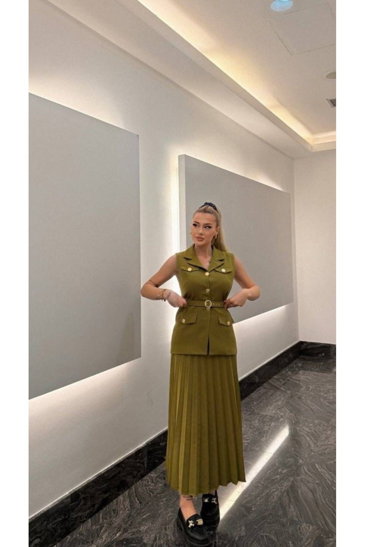 1001moda Vatkalı Yelek Etek İkili Takım