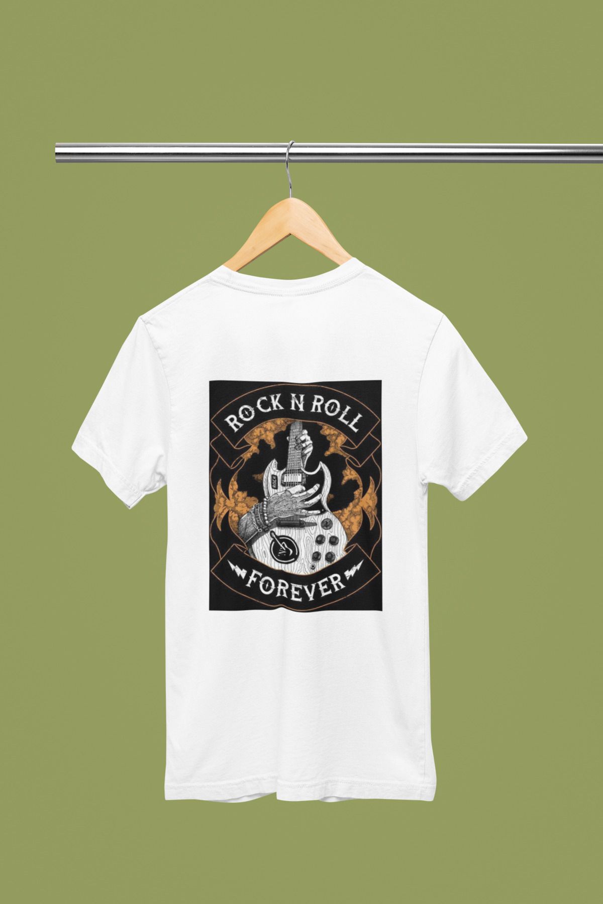 MAGORS ROCK IN ROLL SIRT BASKILI BİSİKLET YAKA PAMUKLU OVERSIZE KALIP KISA KOLLU ERKEK VE KADIN TSHIRT