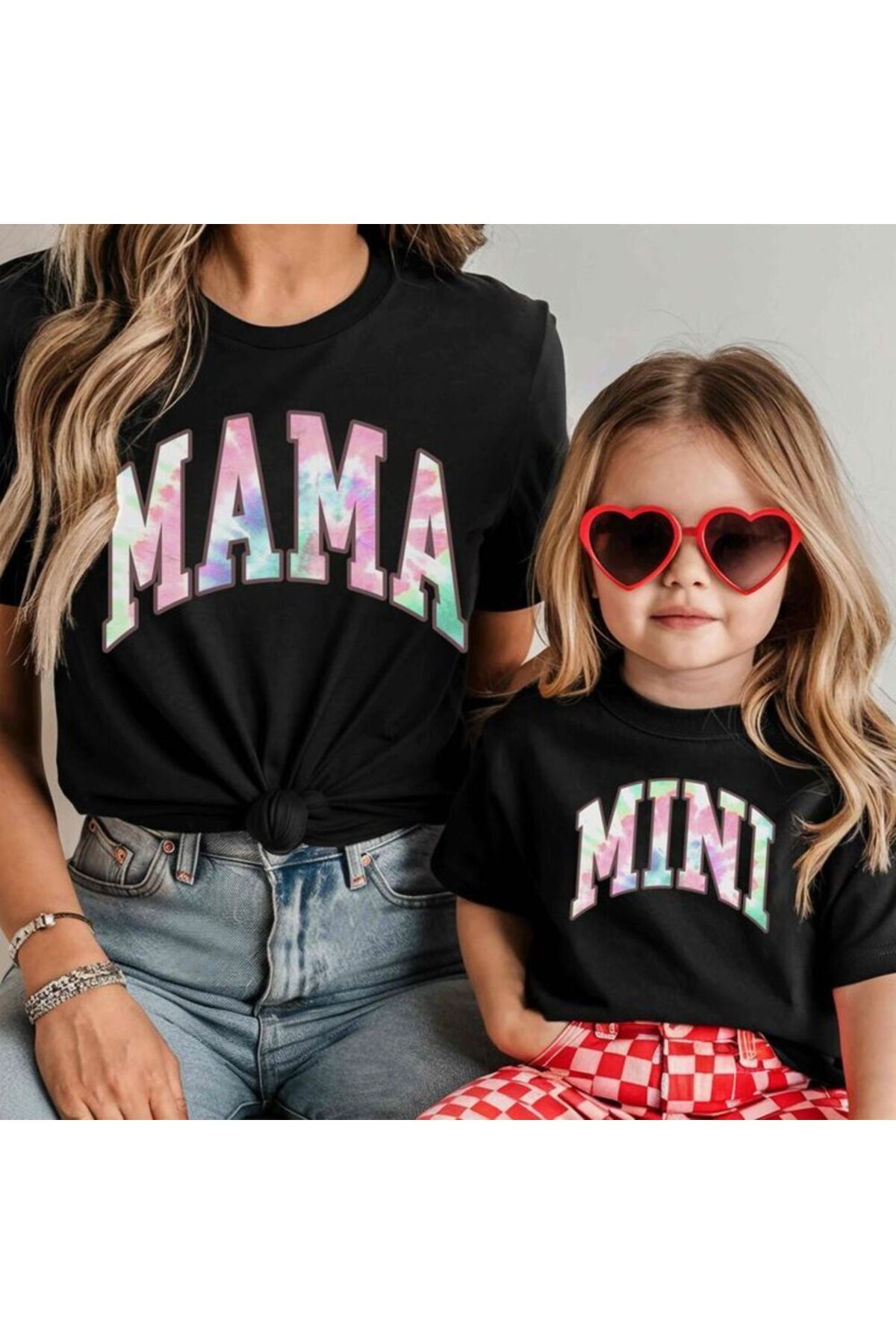 MAGORS MAMA VE MINI BASKILI BİSİKLET YAKA PAMUKLU KISA KOLLU ANNE VE KIZ TİŞÖRTÜ