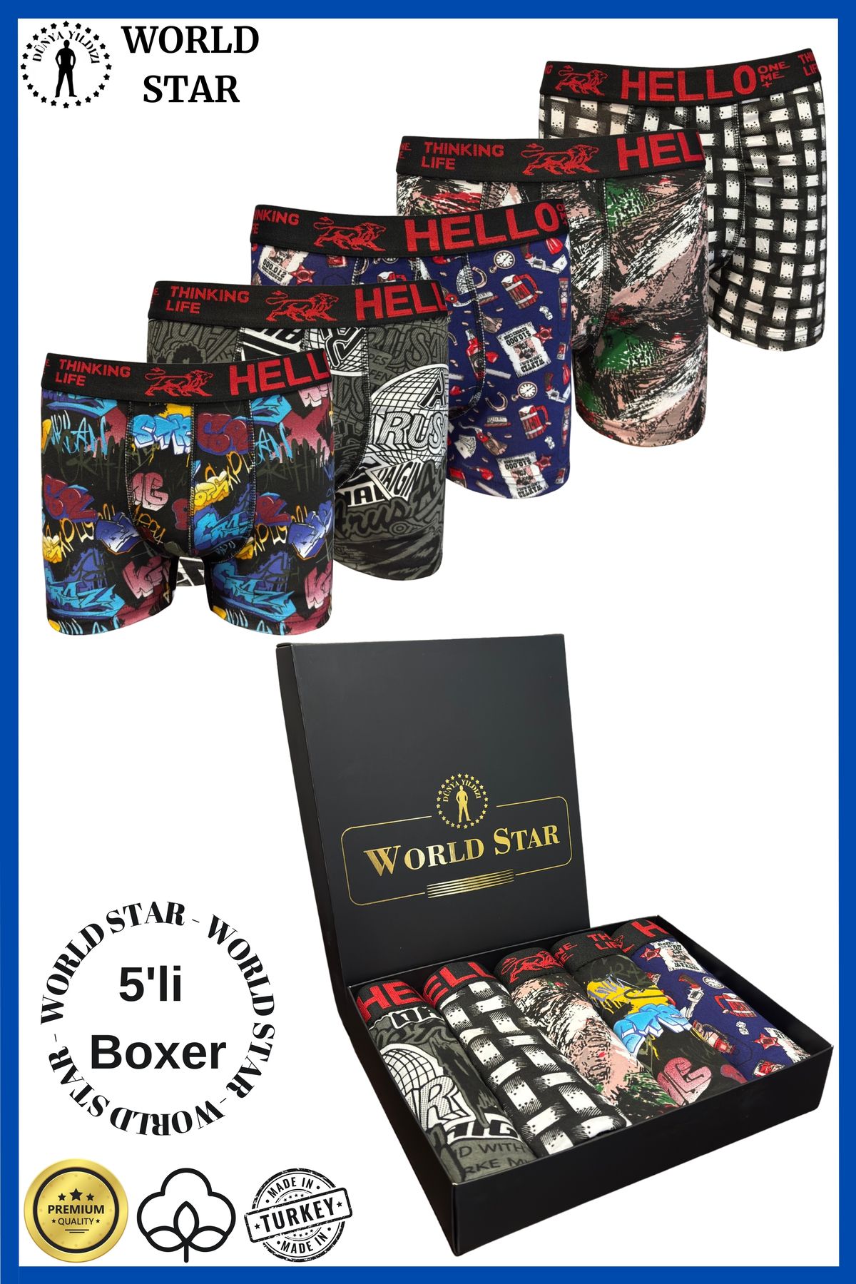 World Star 5'li Desenli Erkek Boxer – Pamuklu ve Likralı – Kutulu Paket