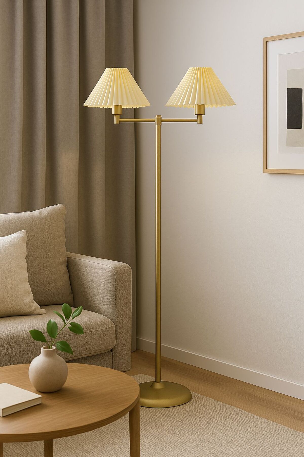 Vinner Nuvio Eskitme Gold Lambader - İkili Başlıklı Ayaklı Modern Salon Lambası – Krem Şapkalı