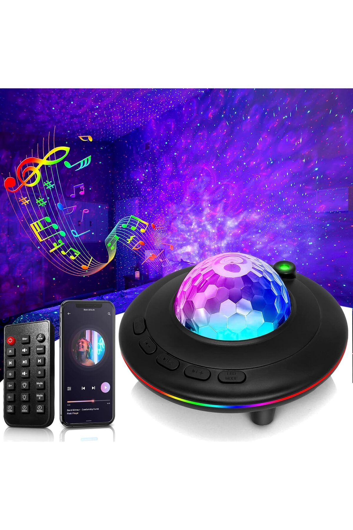 VenaliaStore Bluetooth Projektör Gece Lambası Uzaktan Kumandalı RGB LED Hoparlör Yıldızlı Gökyüzü Işık Efekti