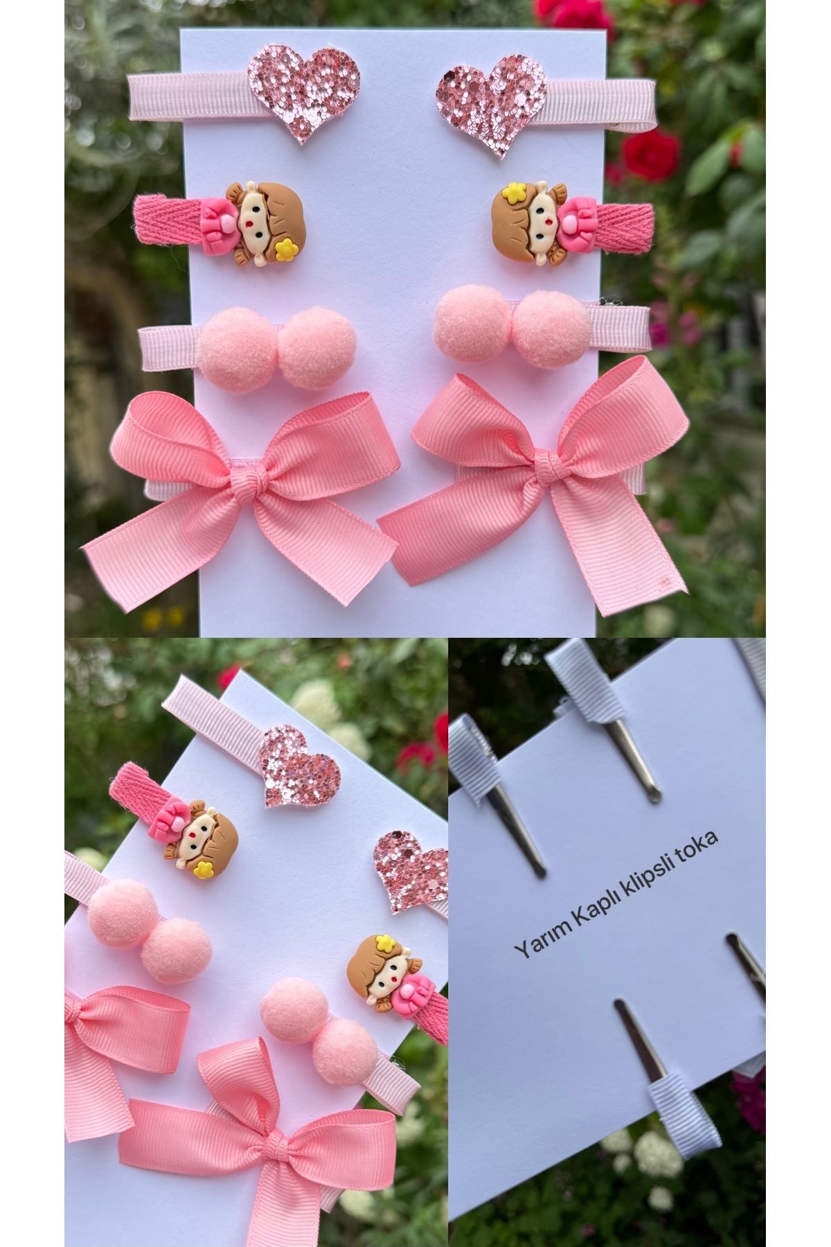 Toka Perisi Kız Çocuk Bebek Glitter kalp,bebek figür,ponpon ve kurdele fiyonk 8’li toka seti