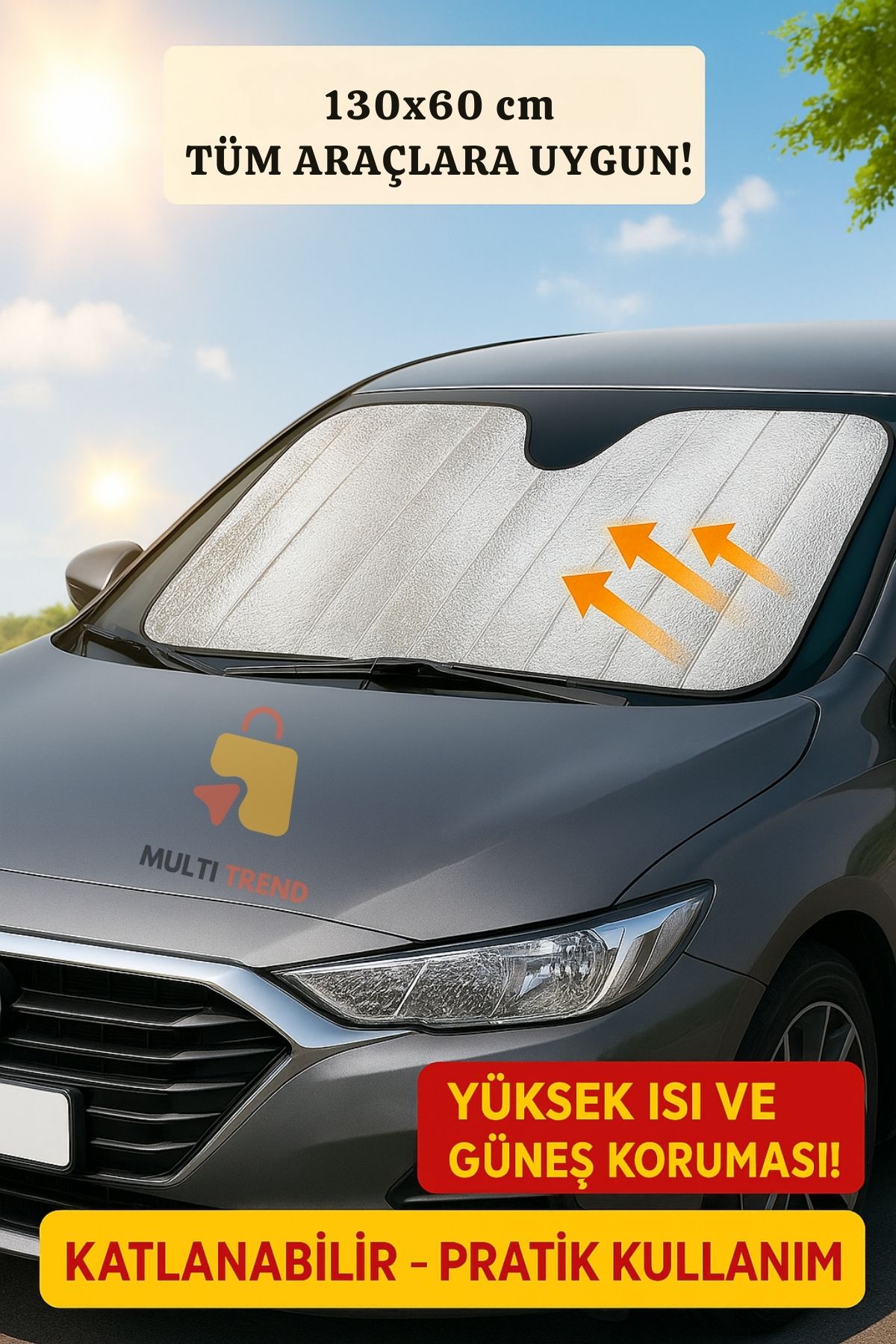 Araba Ön Cam Güneşliği Araç Ön Cam Perde Katlanabilir Vantuzlu Güneşlik 130x60 Cm